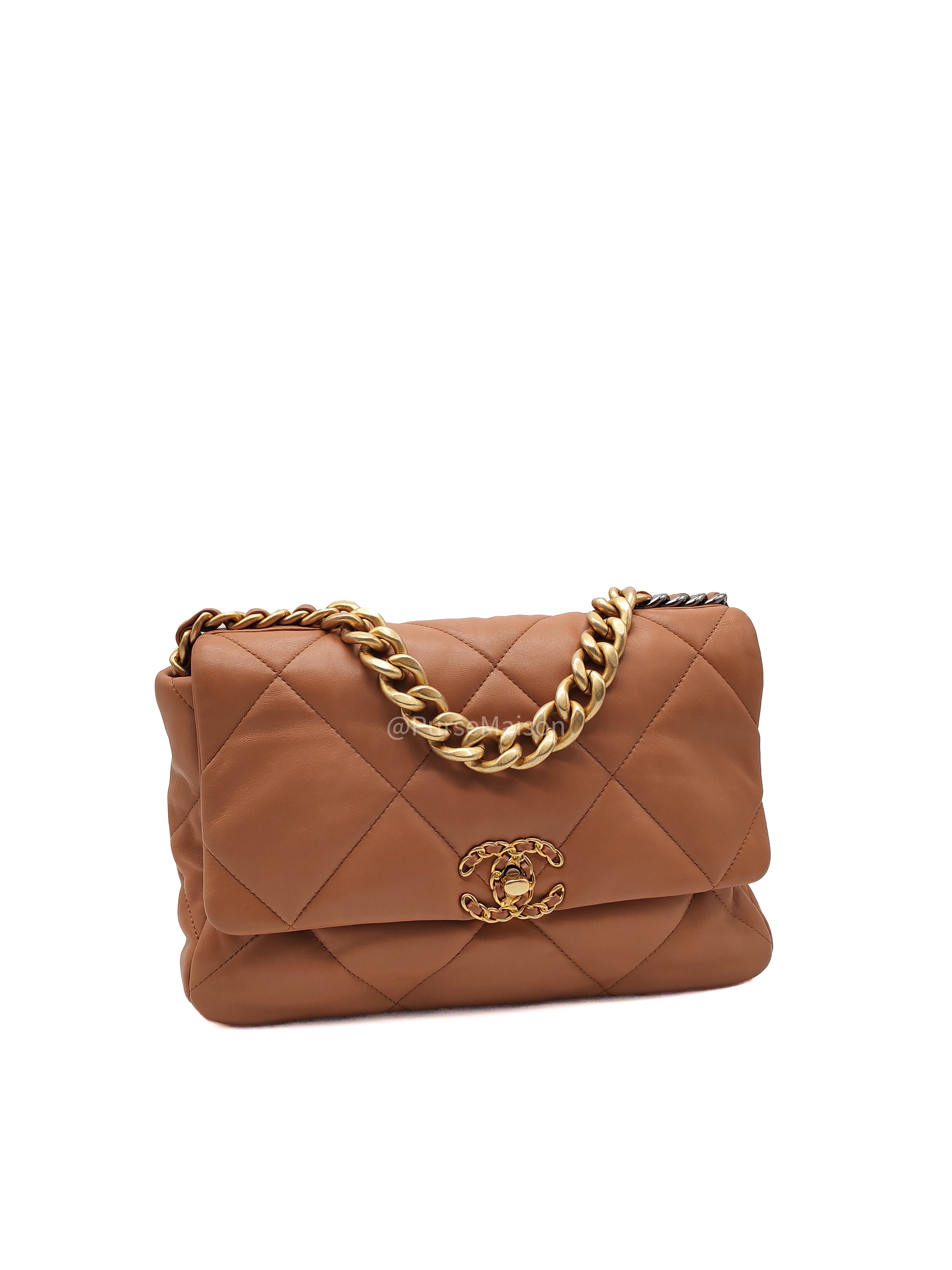 Chanel 19 Large in Caramel Quilted Lambskin Leather and Mixed Hardware Microchip | Purse Maison Luxury Bags Shop