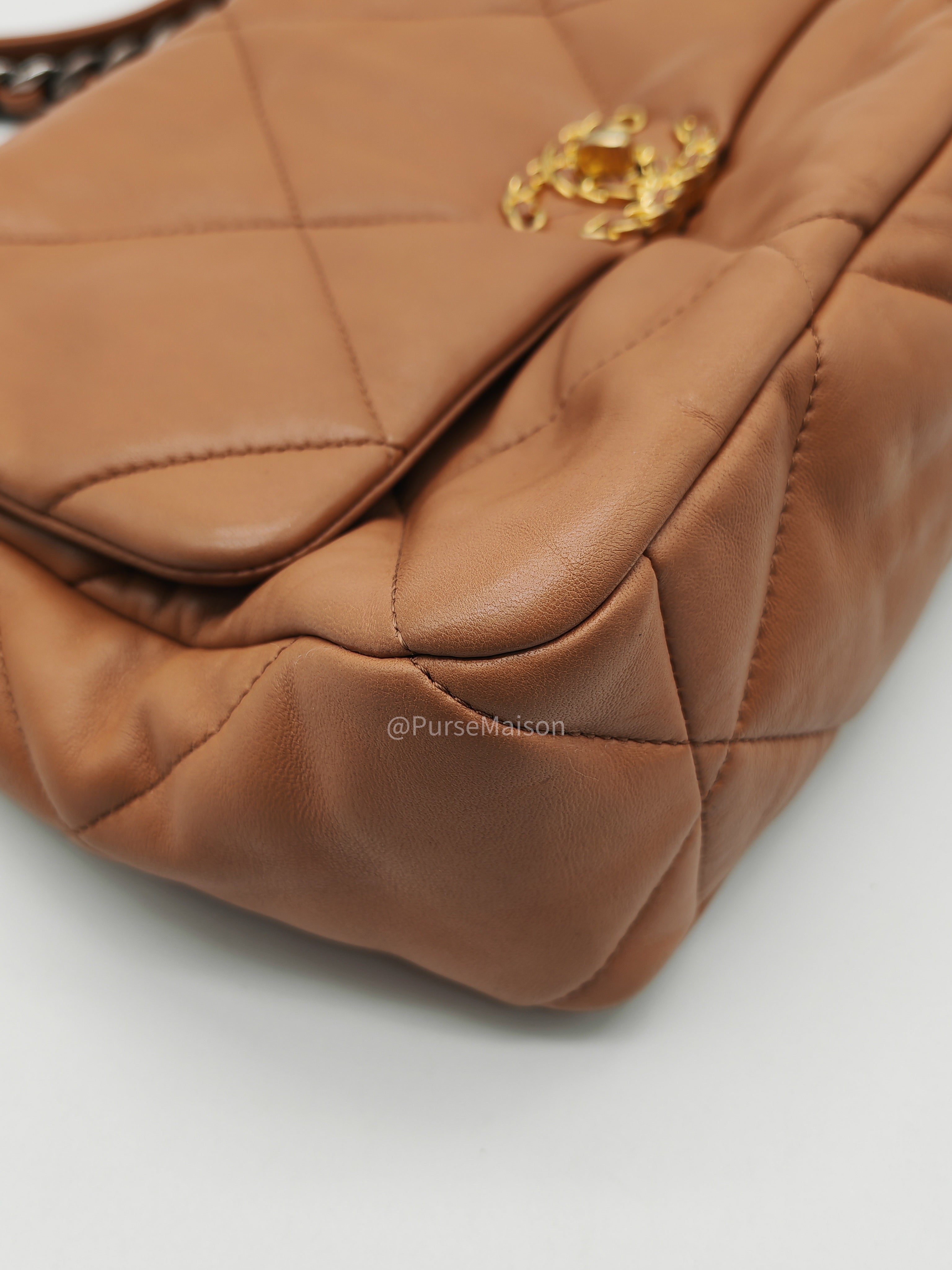 Chanel 19 Large in Caramel Quilted Lambskin Leather and Mixed Hardware Microchip | Purse Maison Luxury Bags Shop