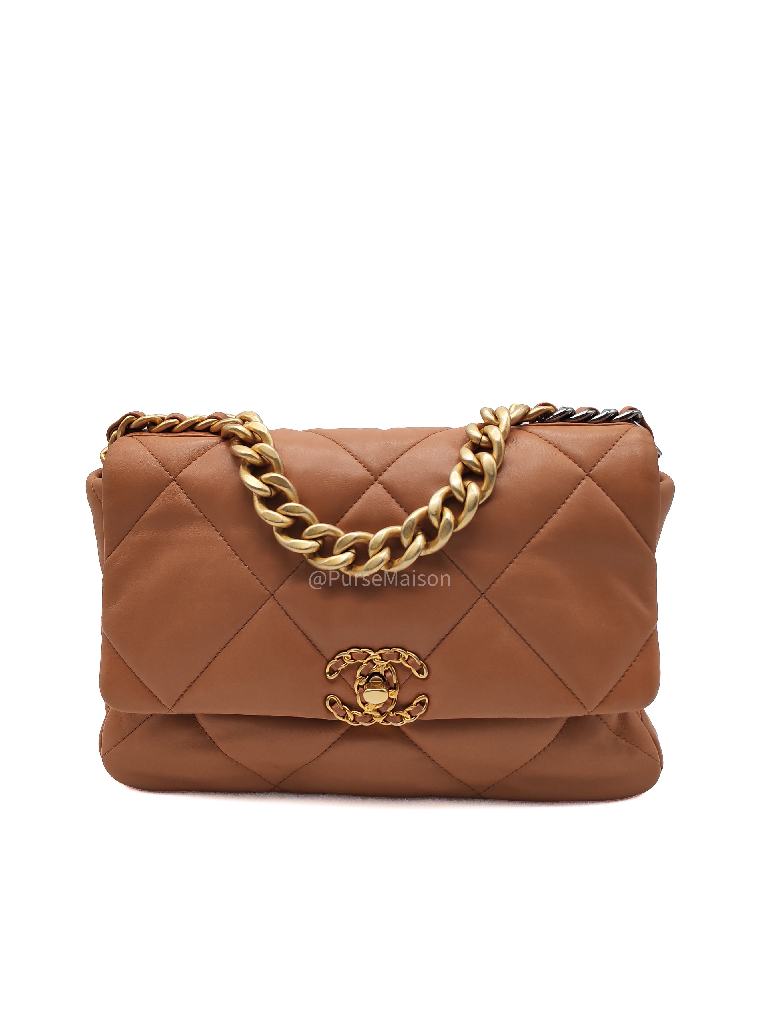 Chanel 19 Large in Caramel Quilted Lambskin Leather and Mixed Hardware Microchip | Purse Maison Luxury Bags Shop
