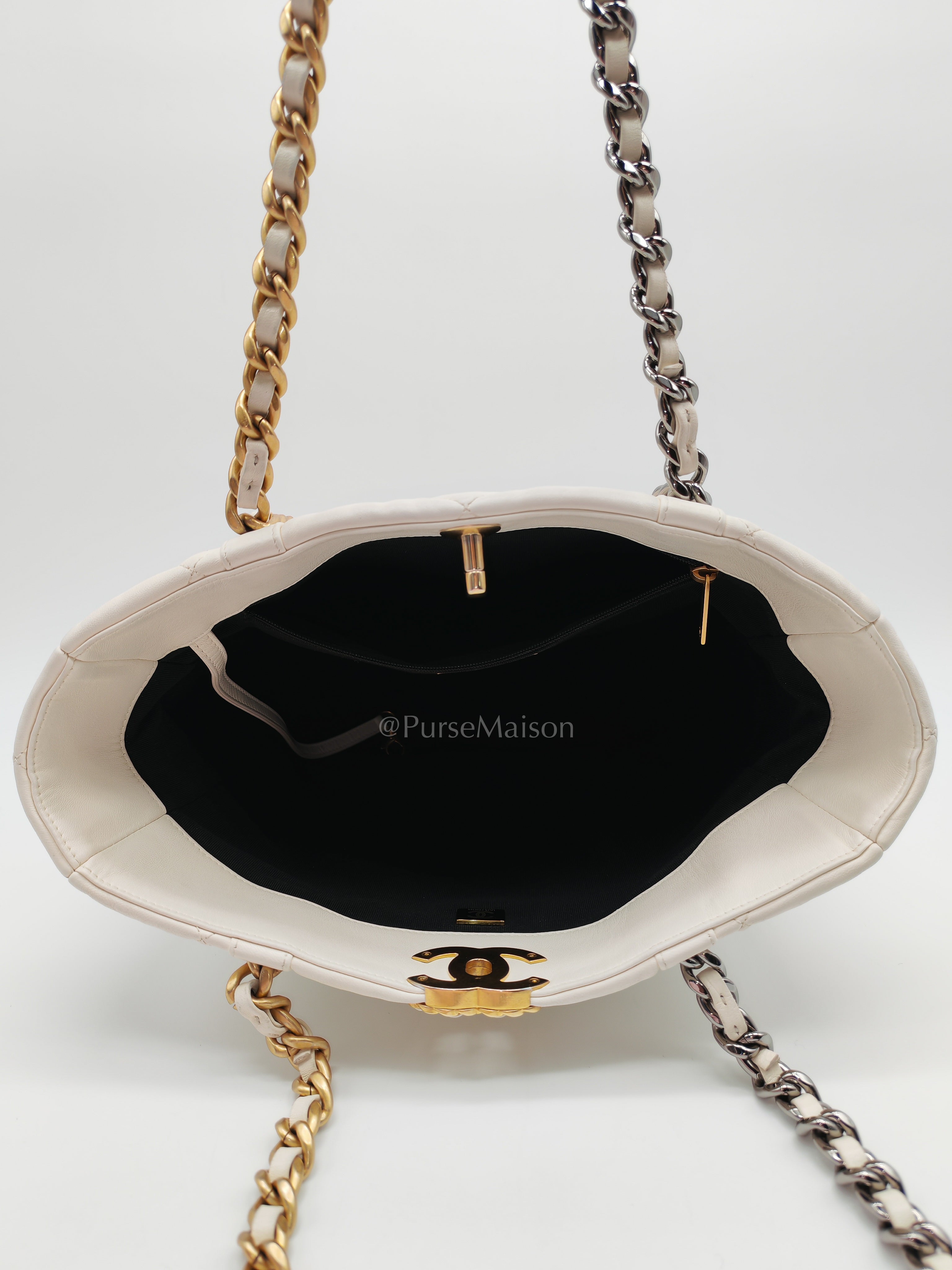 Chanel 19 Shopping Tote Bag in White Calfskin Leather & Mix Hardware (Microchip) | Purse Maison Luxury Bags Shop