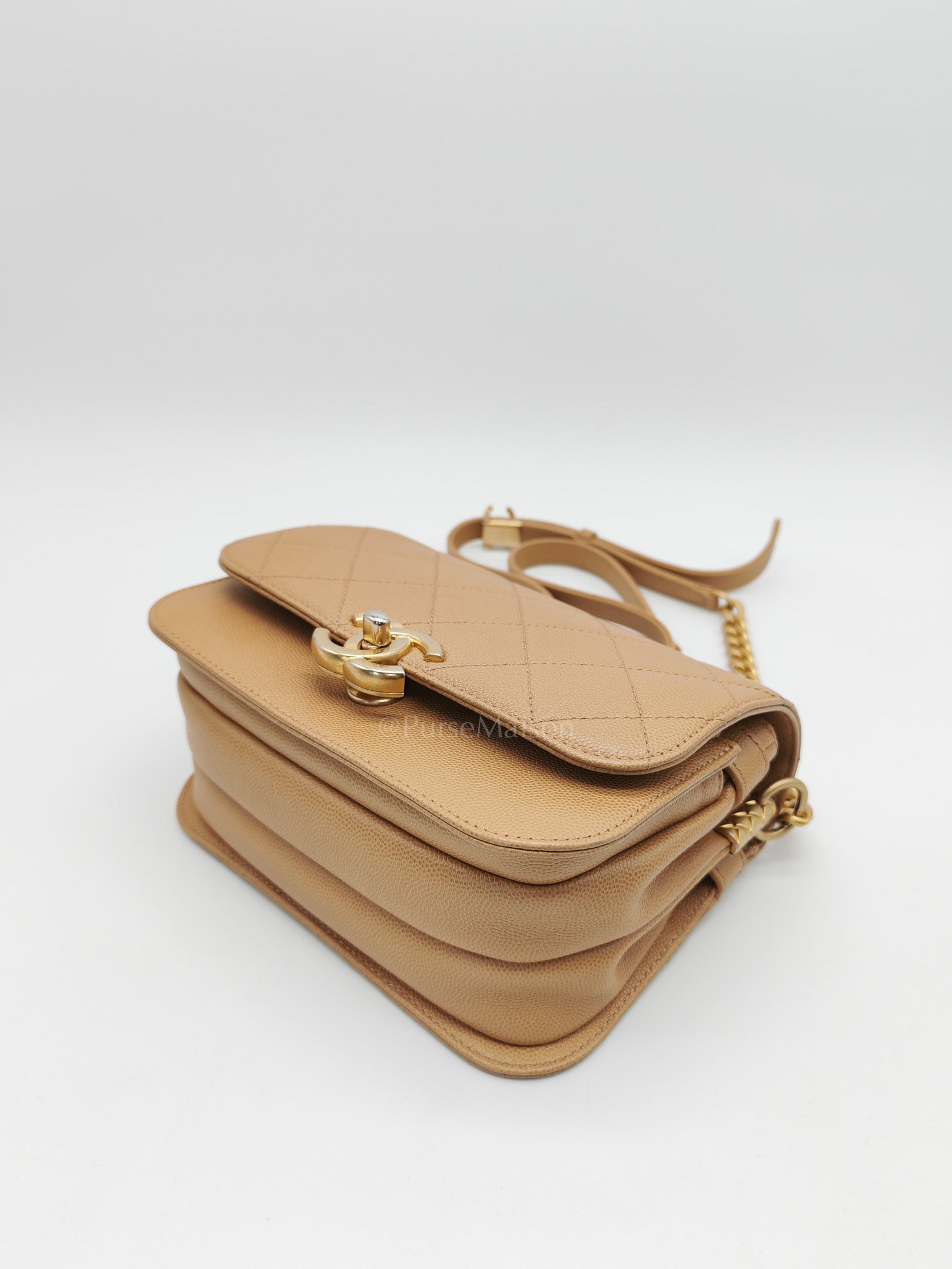 21k Messenger Bag Small in Dark Biege Caviar Leather Aged Gold Hardware (Microchip) | Purse Maison Luxury Bags Shop