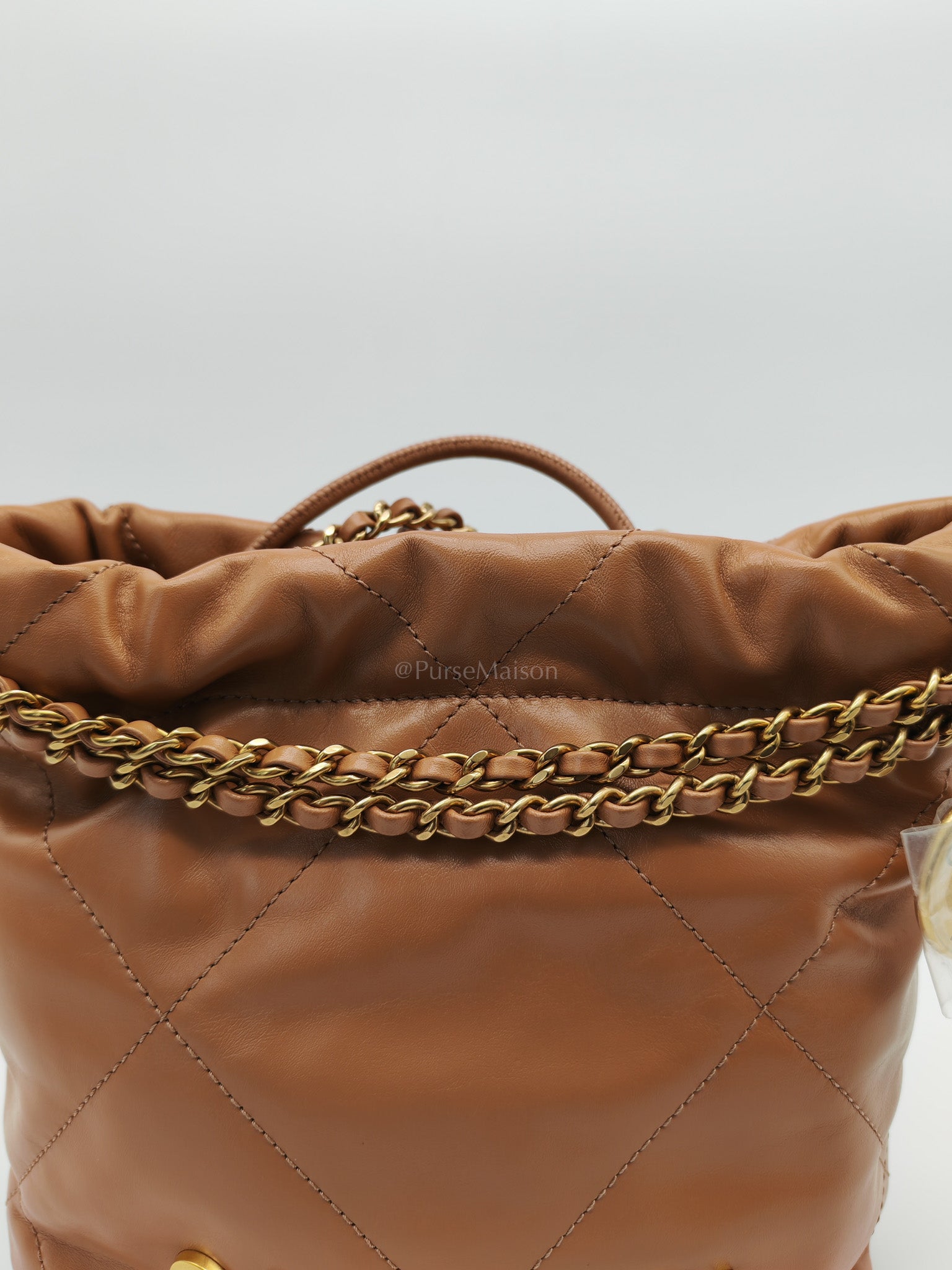 22 Mini in Caramel Shiny Calfskin Leather and Aged Gold Hardware (Microchip) | Purse Maison Luxury Bags Shop