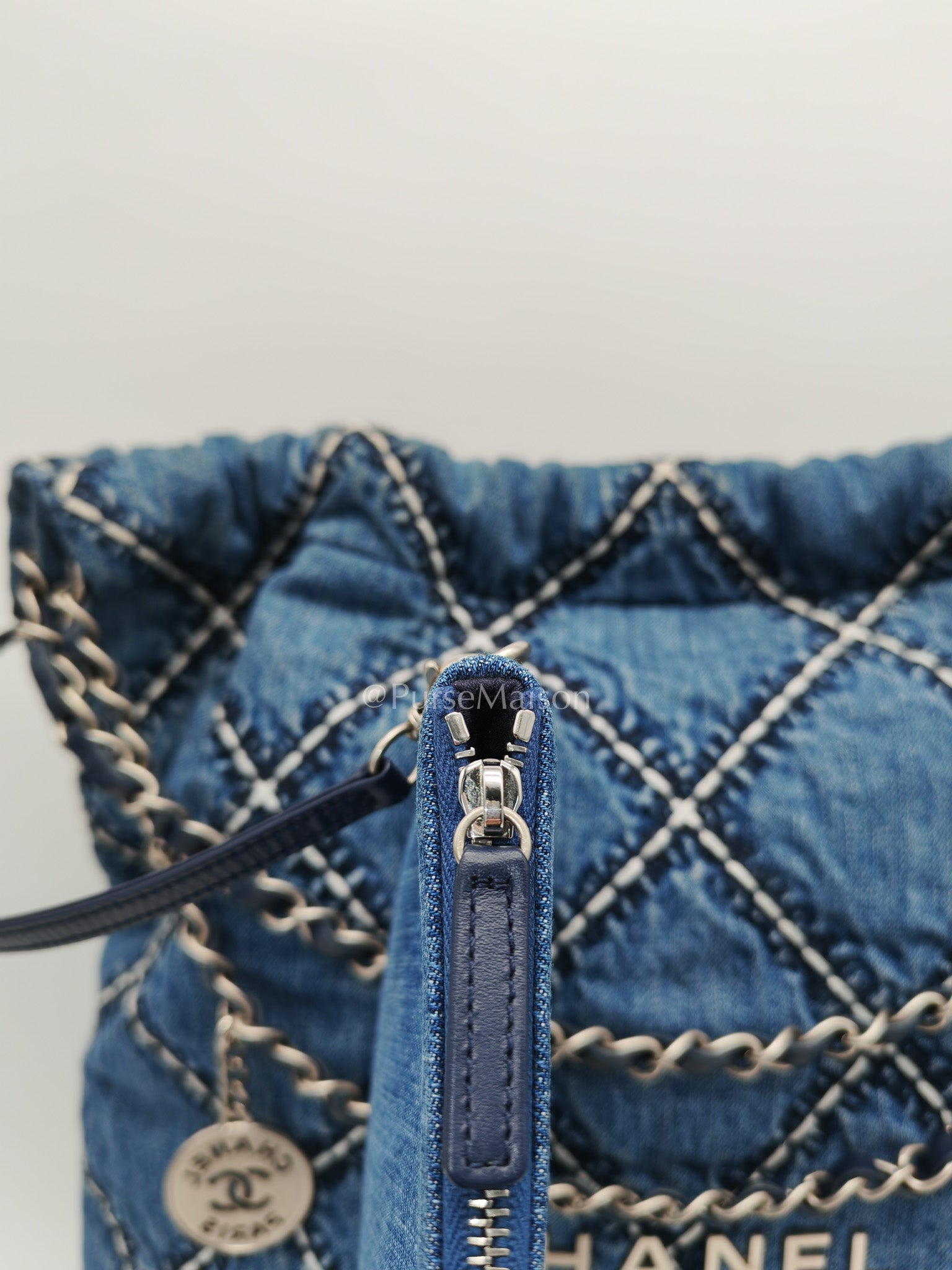 Chanel 22 Medium in Blue Stitched Denim and Silver Hardware Microchip | Purse Maison Luxury Bags Shop