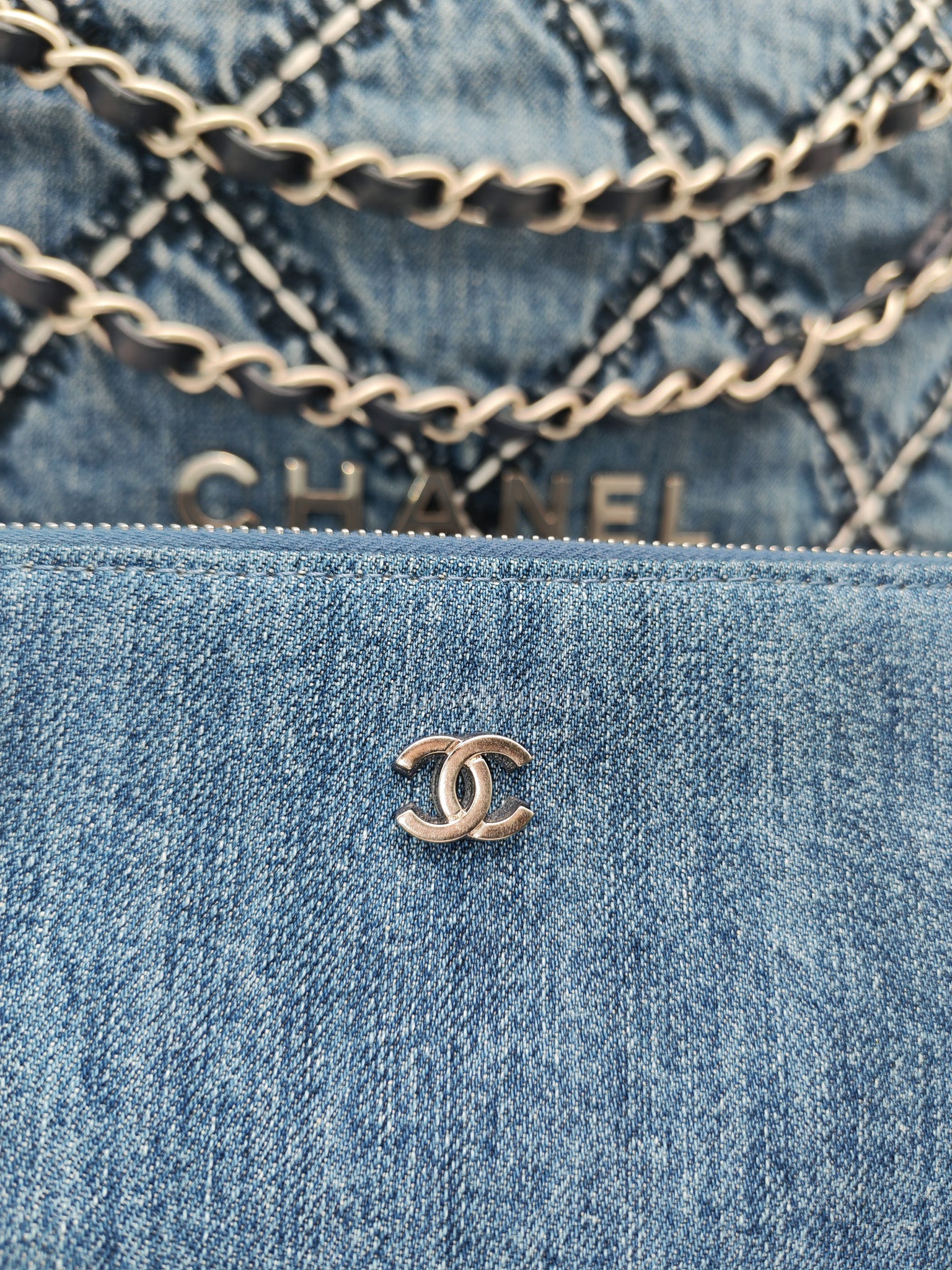 Chanel 22 Medium in Blue Stitched Denim and Silver Hardware Microchip | Purse Maison Luxury Bags Shop