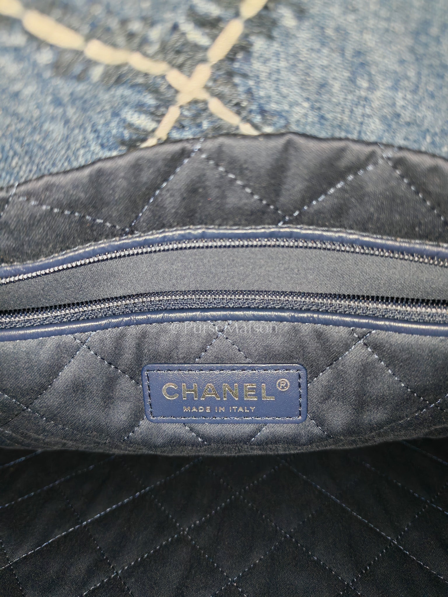 Chanel 22 Medium in Blue Stitched Denim and Silver Hardware Microchip | Purse Maison Luxury Bags Shop
