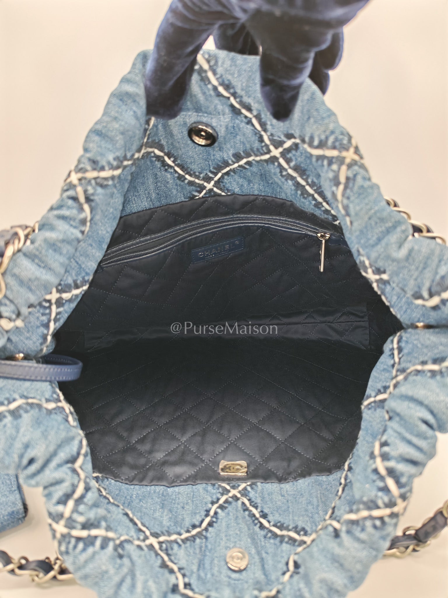 Chanel 22 Medium in Blue Stitched Denim and Silver Hardware Microchip | Purse Maison Luxury Bags Shop