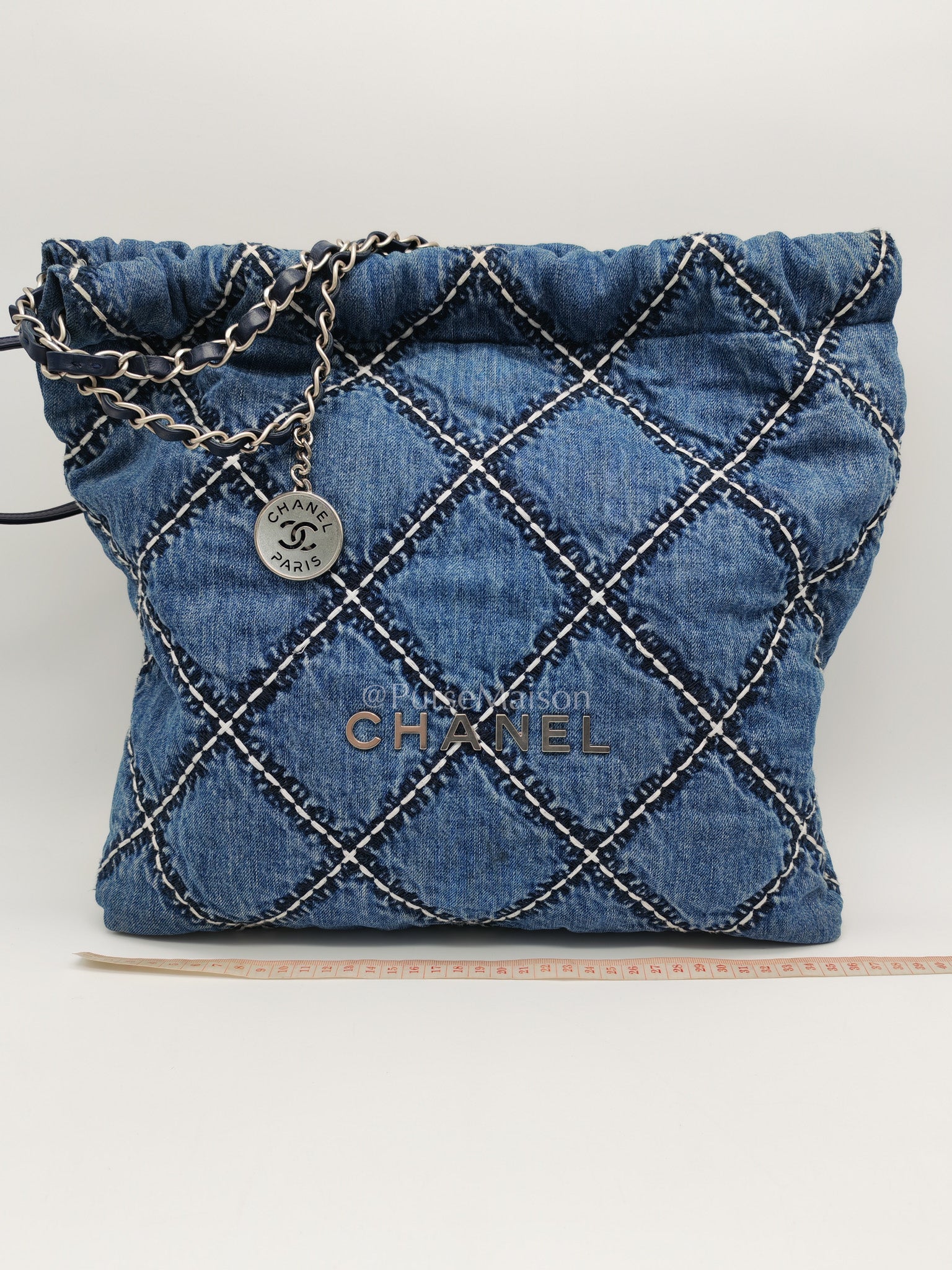 Chanel 22 Medium in Blue Stitched Denim and Silver Hardware Microchip | Purse Maison Luxury Bags Shop