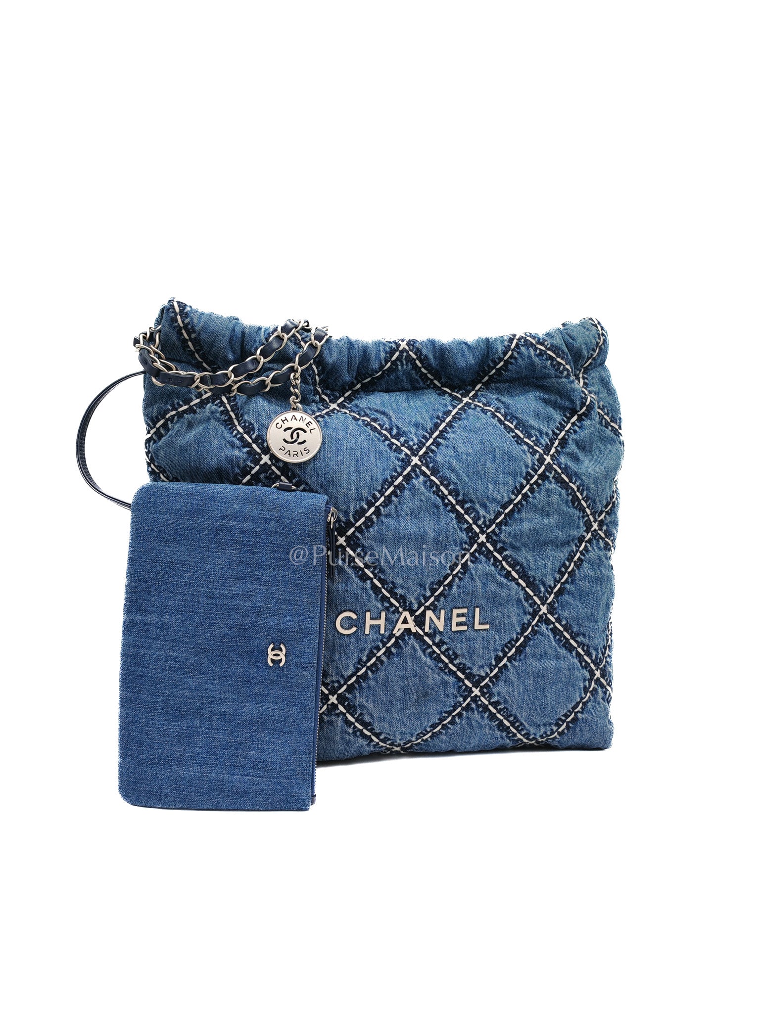 Chanel 22 Medium in Blue Stitched Denim and Silver Hardware Microchip | Purse Maison Luxury Bags Shop