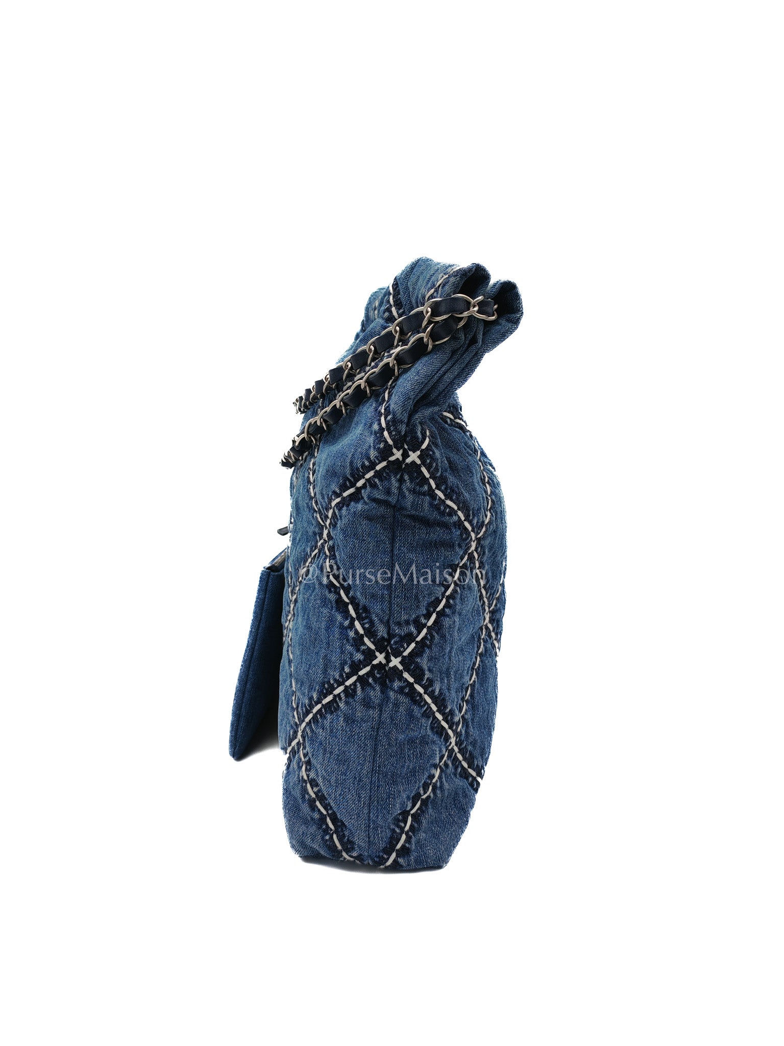 Chanel 22 Medium in Blue Stitched Denim and Silver Hardware Microchip | Purse Maison Luxury Bags Shop