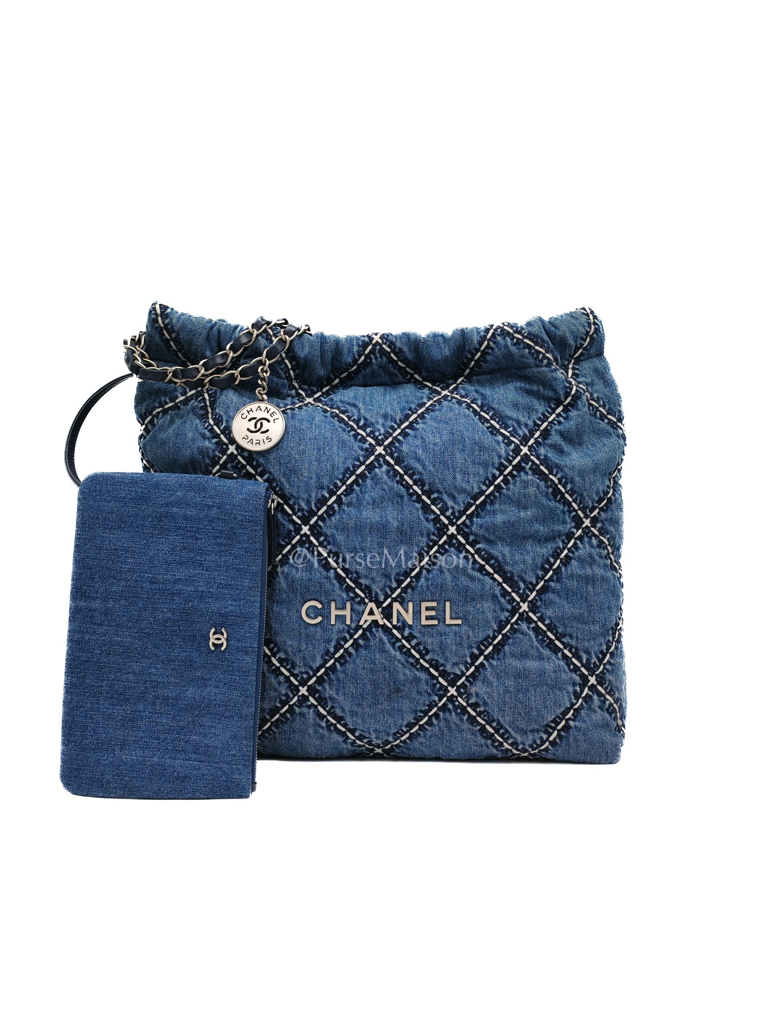 Chanel 22 Medium in Blue Stitched Denim and Silver Hardware Microchip | Purse Maison Luxury Bags Shop