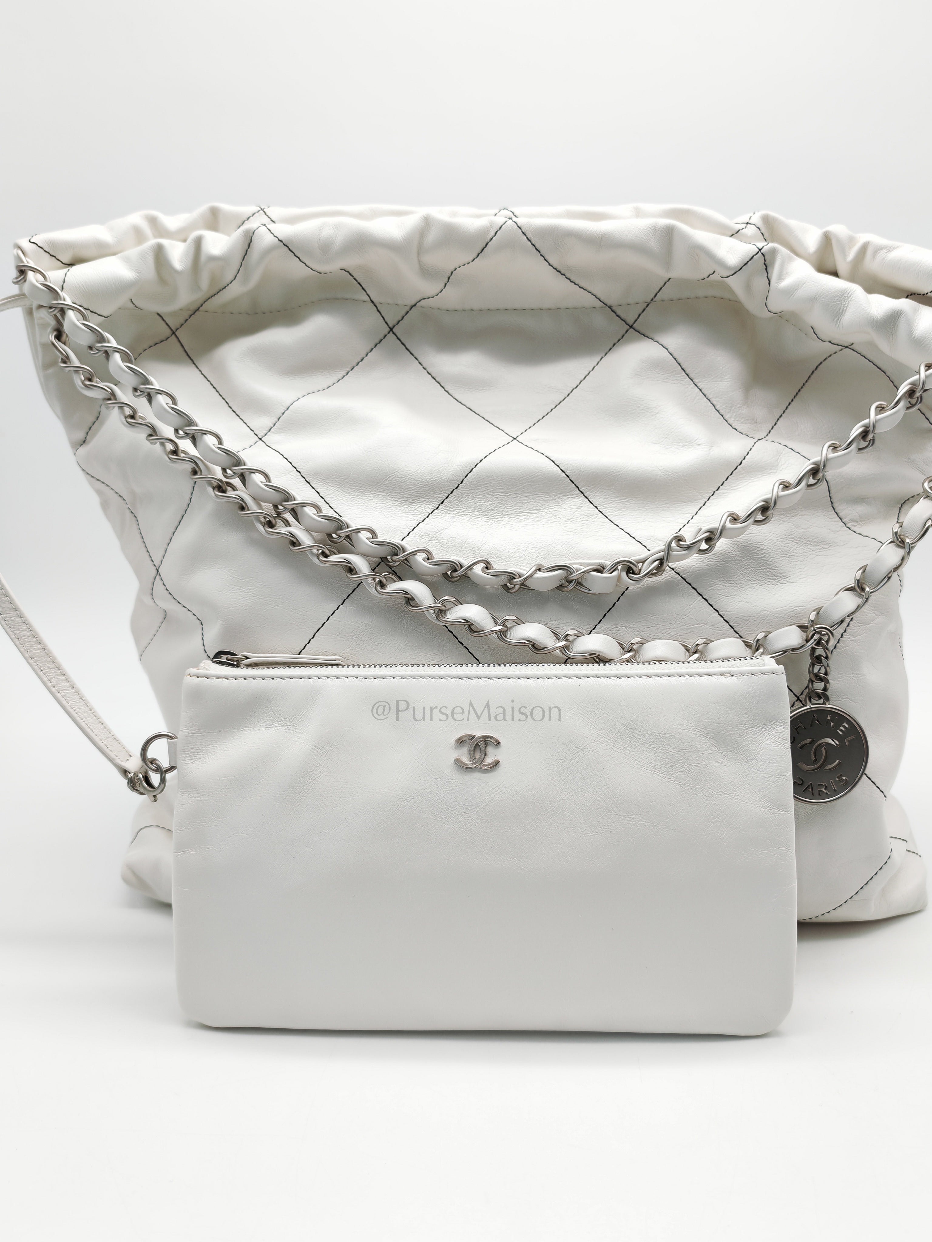 22 in White Quilted Calfskin Leather & Silver Hardware Microchip | Purse Maison Luxury Bags Shop