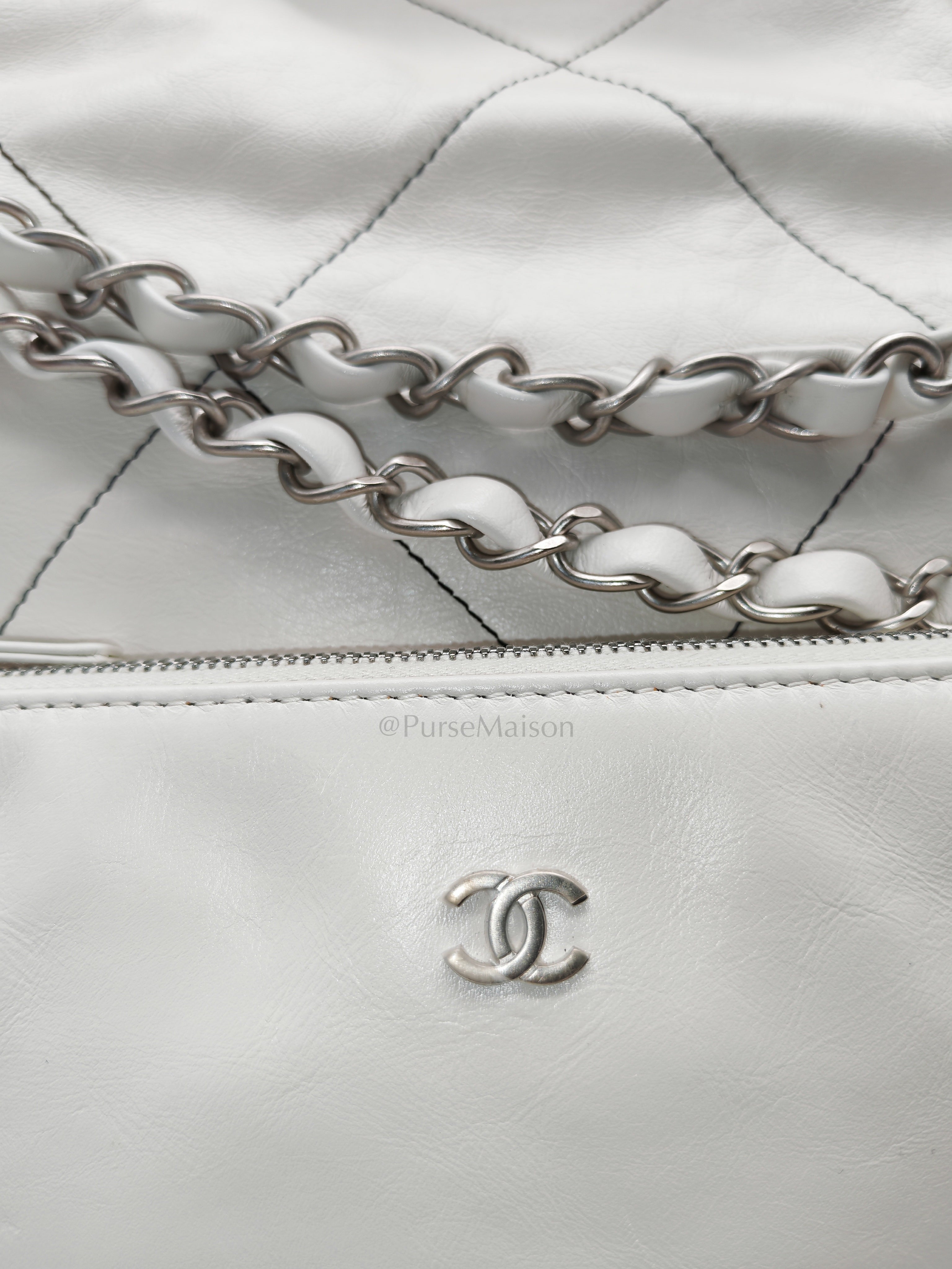 22 in White Quilted Calfskin Leather & Silver Hardware Microchip | Purse Maison Luxury Bags Shop