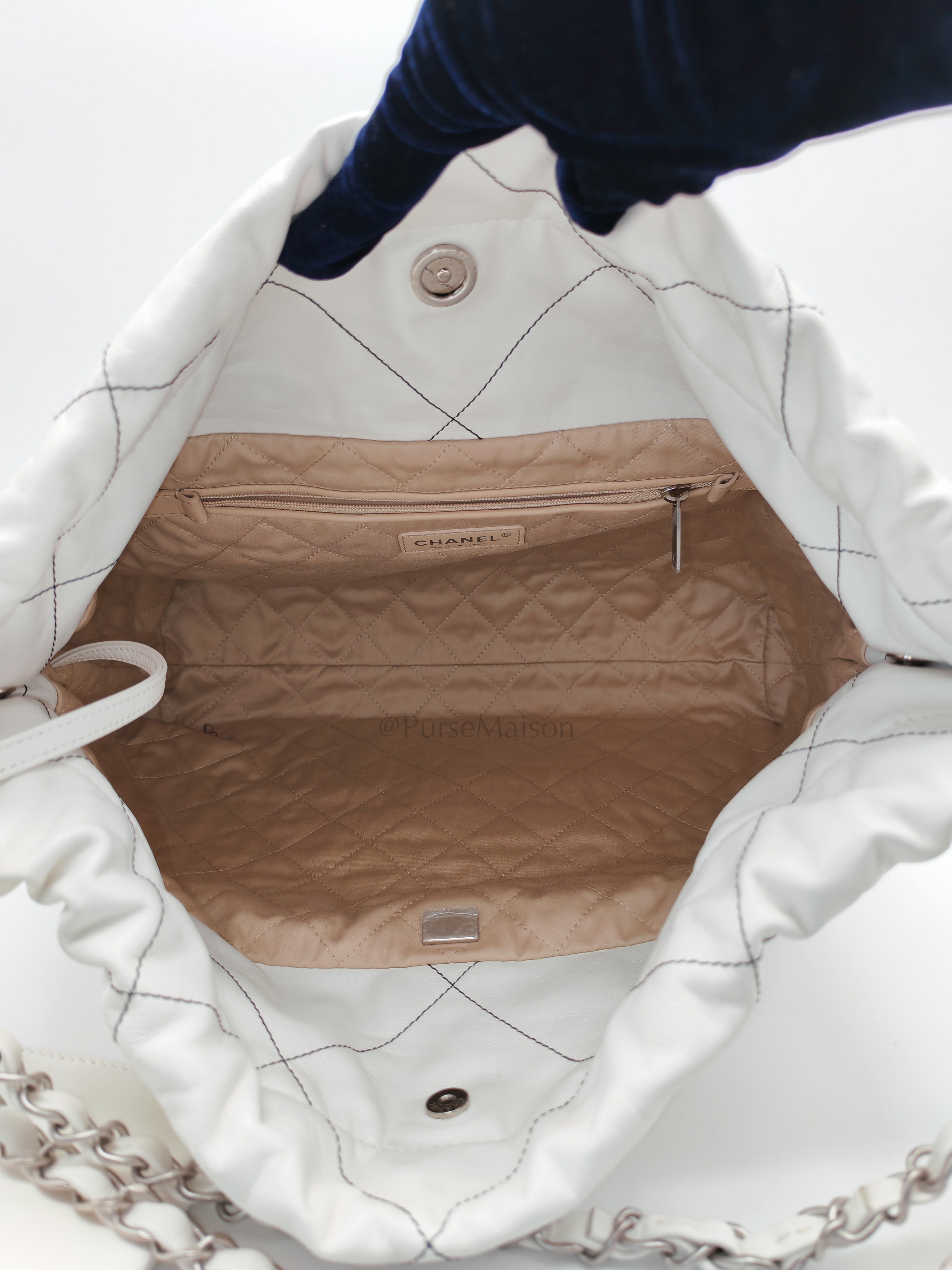 22 in White Quilted Calfskin Leather & Silver Hardware Microchip | Purse Maison Luxury Bags Shop