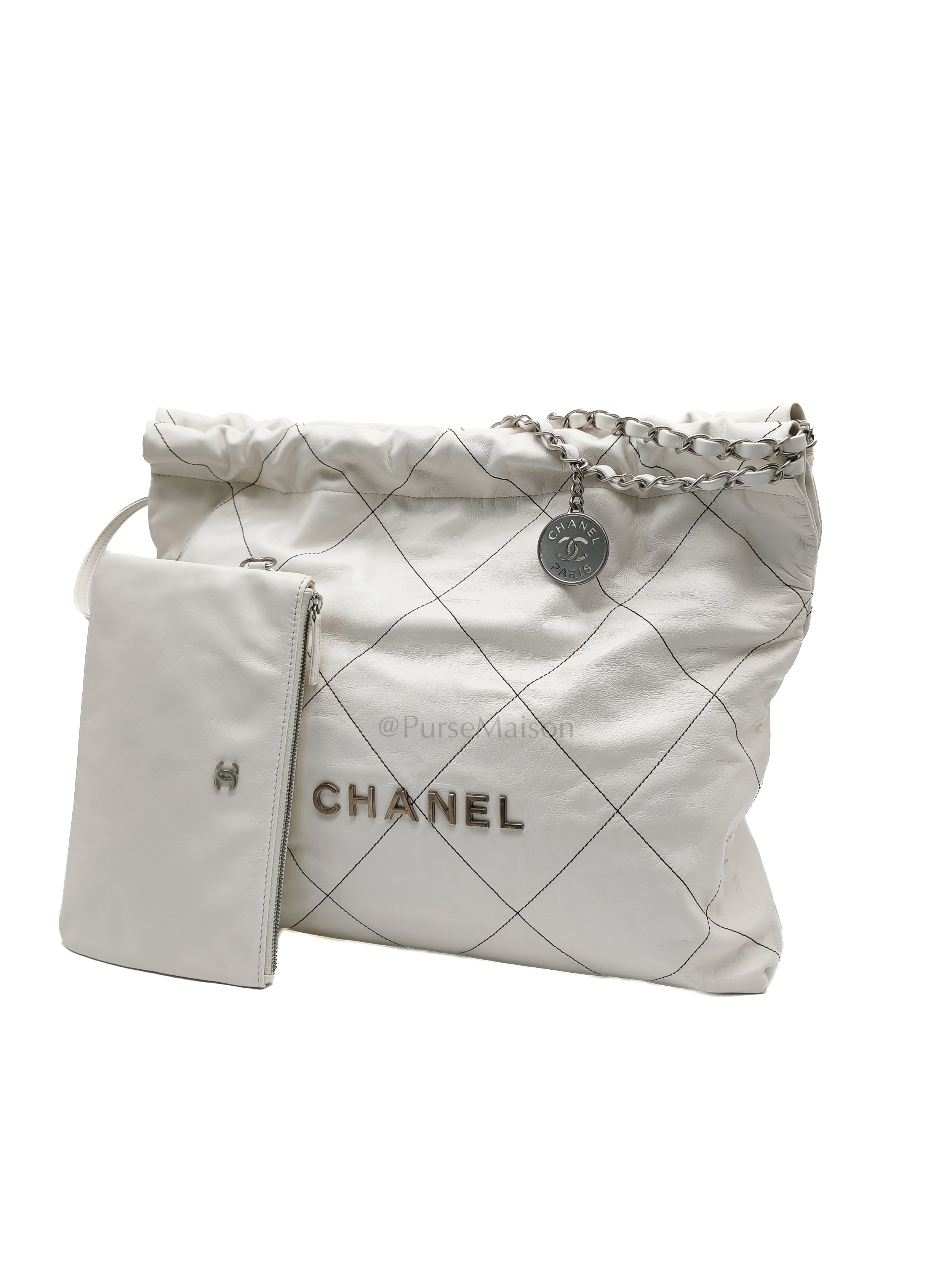 22 in White Quilted Calfskin Leather & Silver Hardware Microchip | Purse Maison Luxury Bags Shop