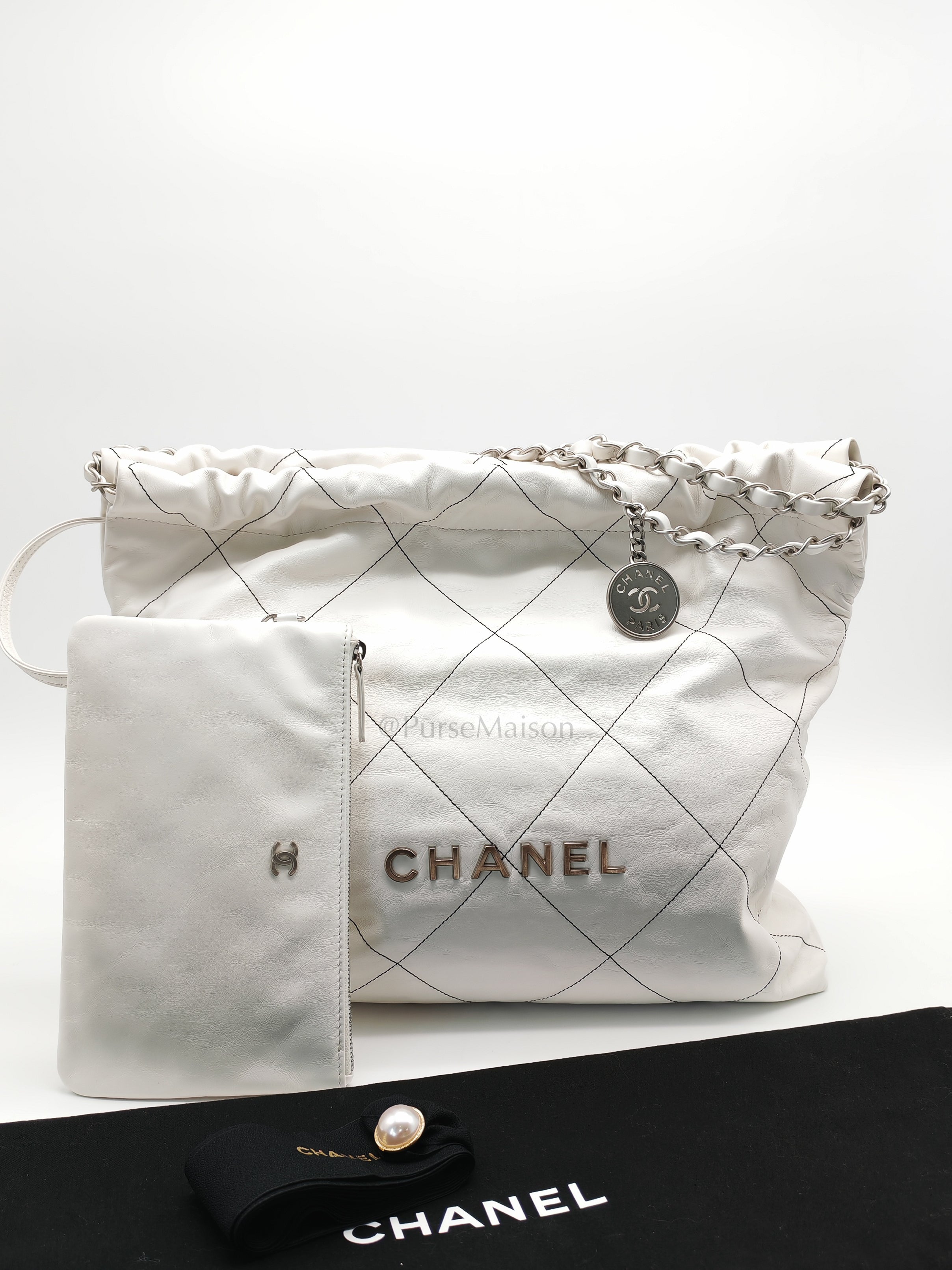 22 in White Quilted Calfskin Leather & Silver Hardware Microchip | Purse Maison Luxury Bags Shop