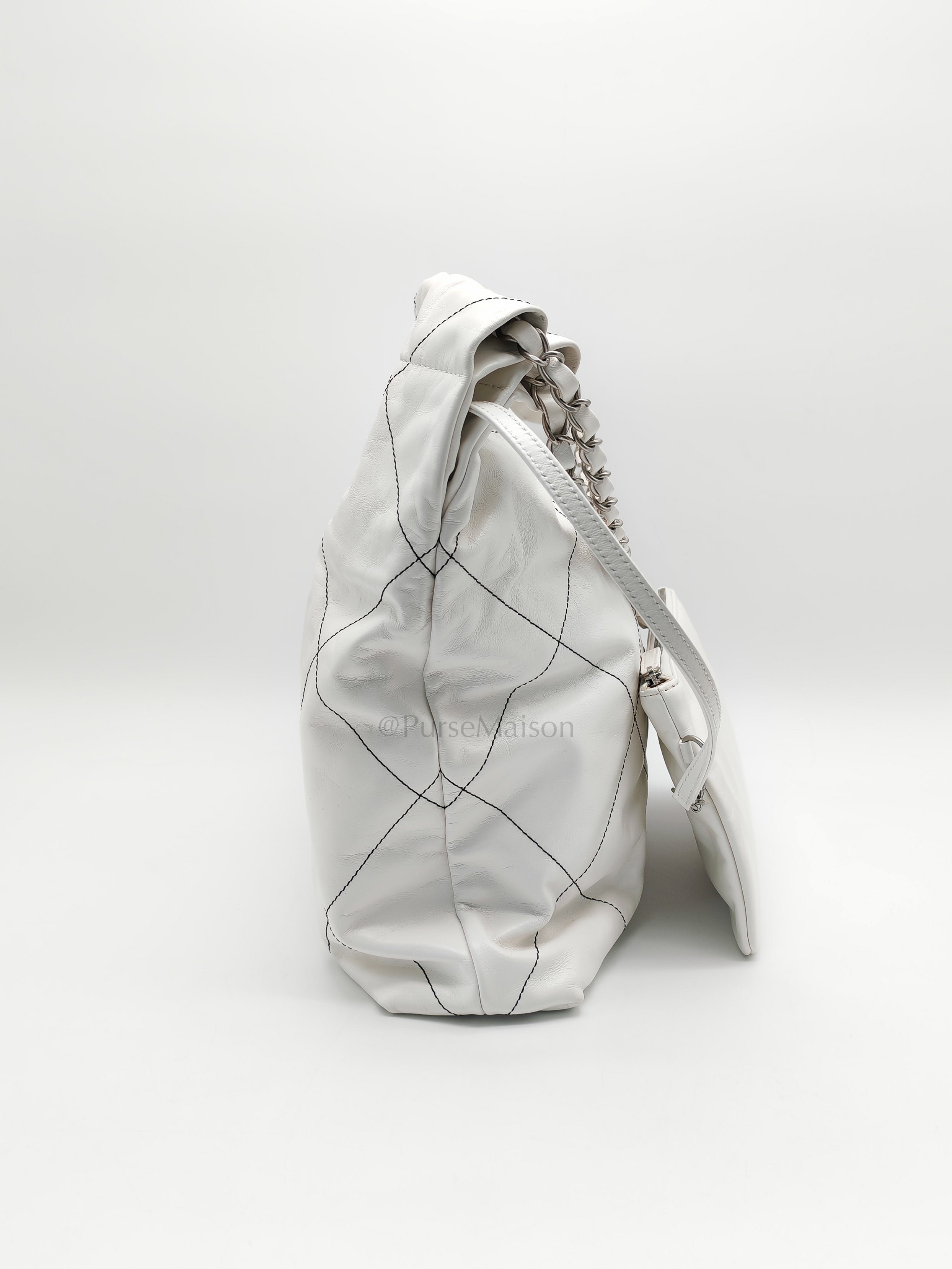 22 in White Quilted Calfskin Leather & Silver Hardware Microchip | Purse Maison Luxury Bags Shop