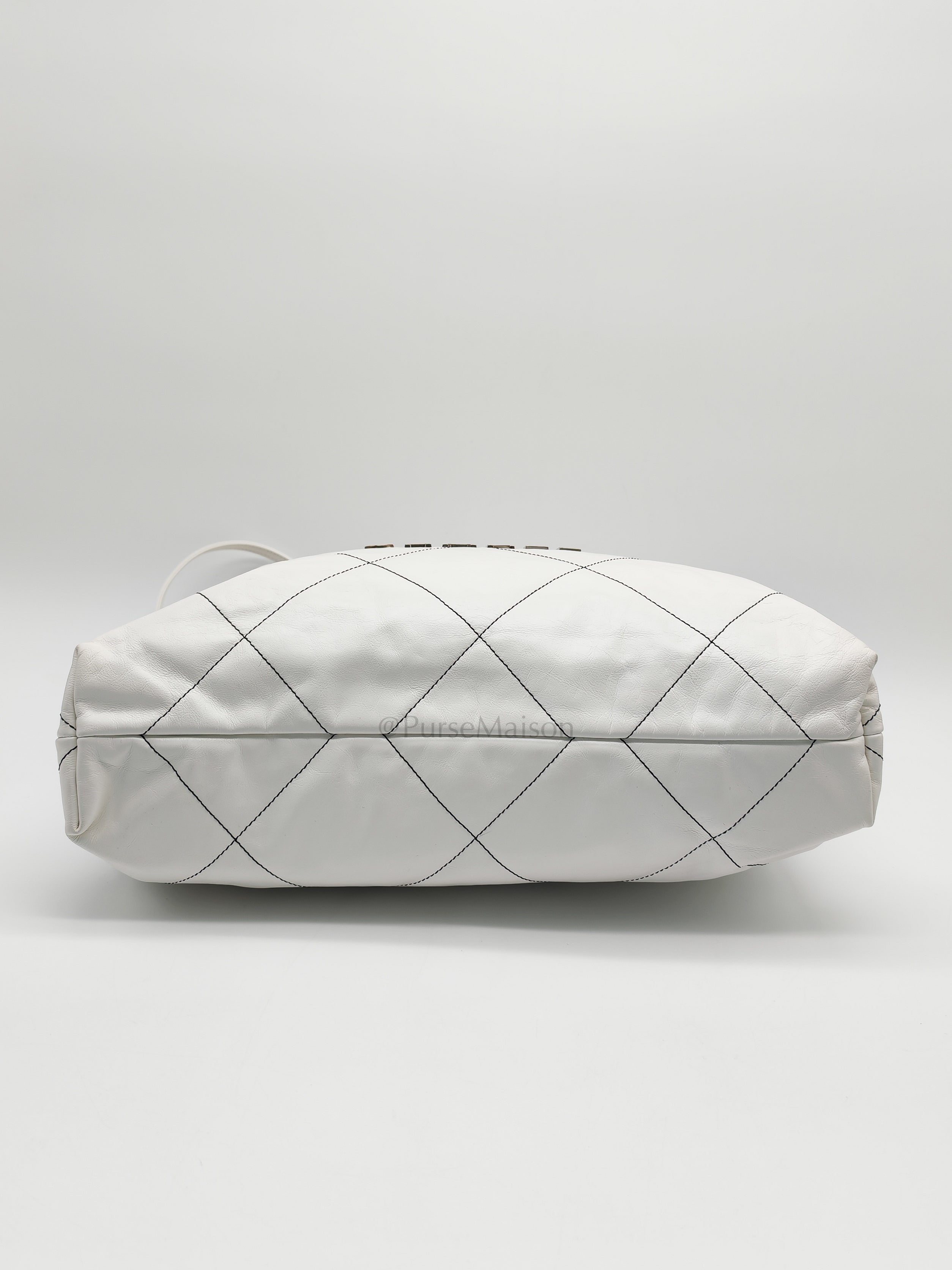 22 in White Quilted Calfskin Leather & Silver Hardware Microchip | Purse Maison Luxury Bags Shop