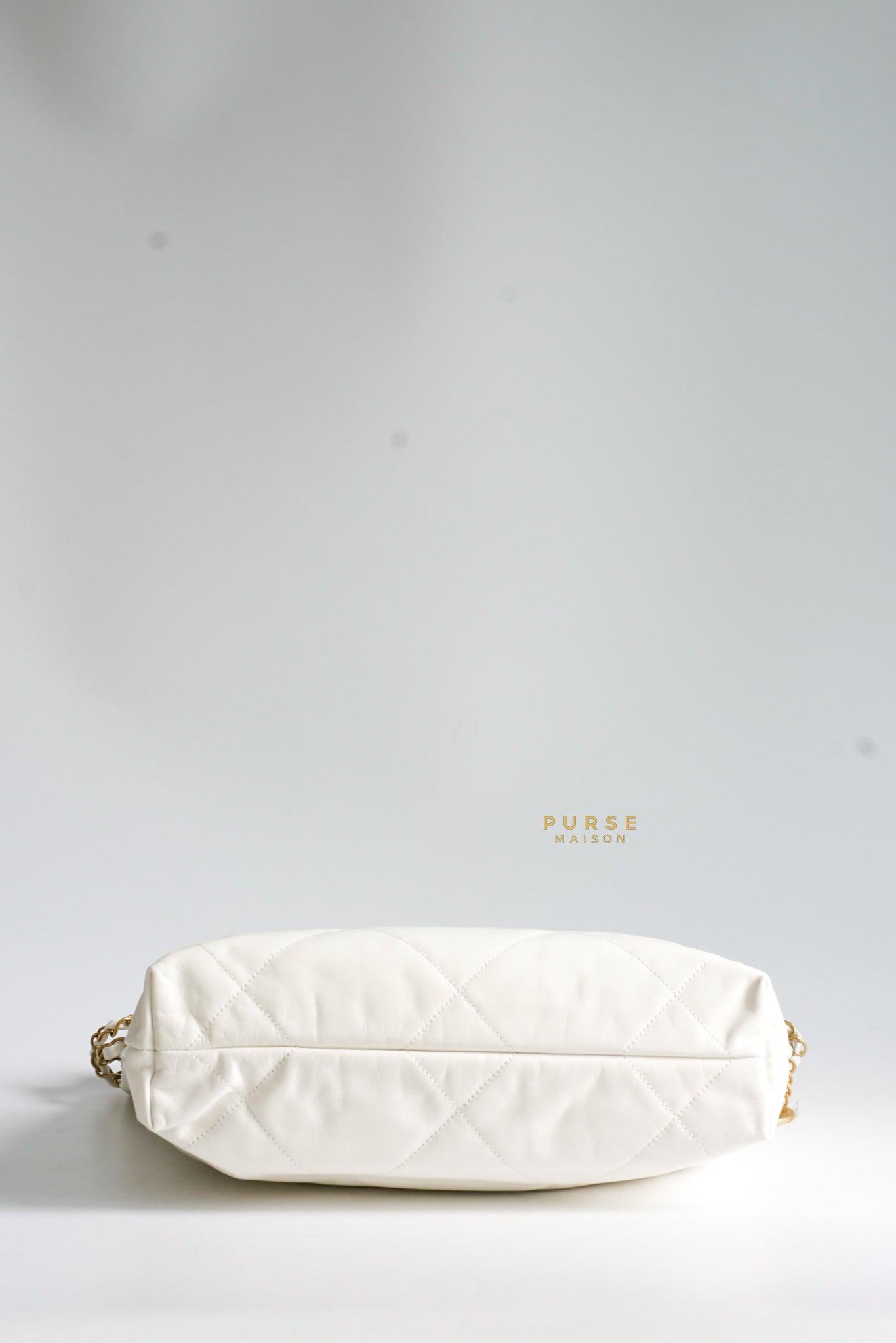 Chanel 22 Small White Calfskin and Aged Gold Hardware (Microchip) | Purse Maison Luxury Bags Shop