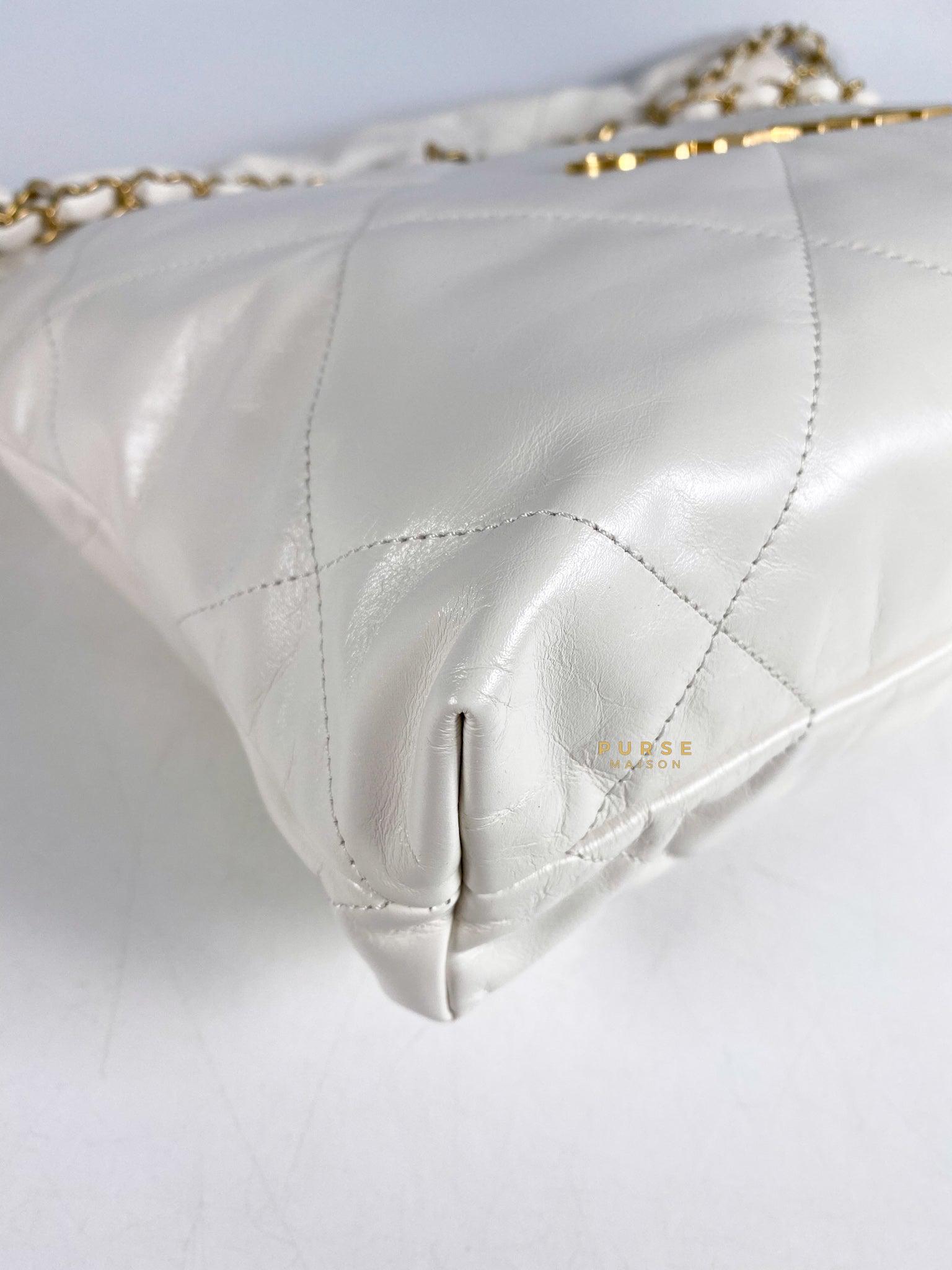 Chanel 22 Small White Calfskin and Aged Gold Hardware (Microchip) | Purse Maison Luxury Bags Shop