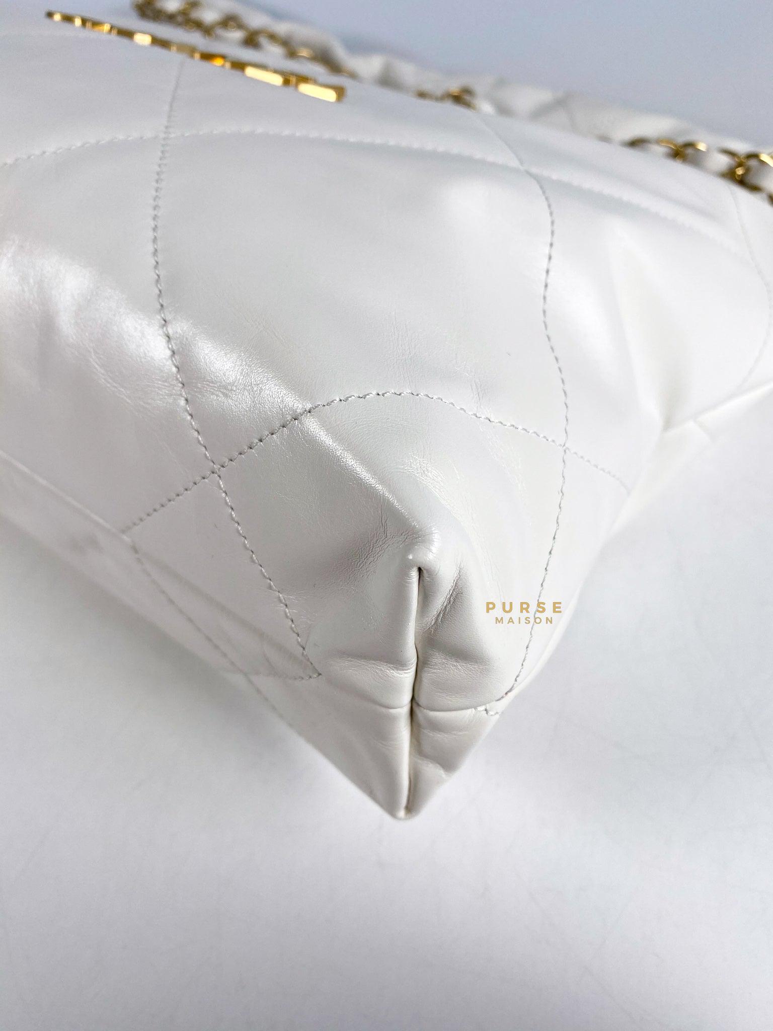 Chanel 22 Small White Calfskin and Aged Gold Hardware (Microchip) | Purse Maison Luxury Bags Shop