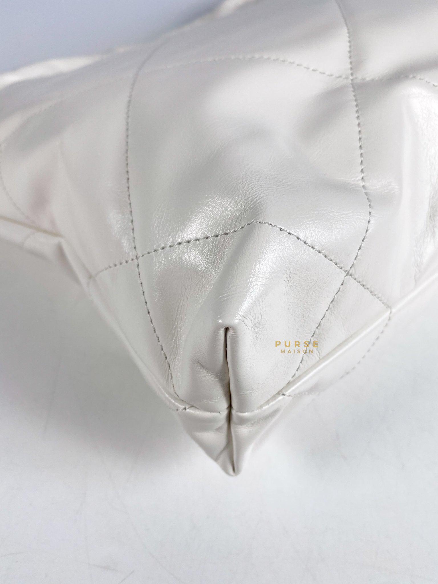 Chanel 22 Small White Calfskin and Aged Gold Hardware (Microchip) | Purse Maison Luxury Bags Shop
