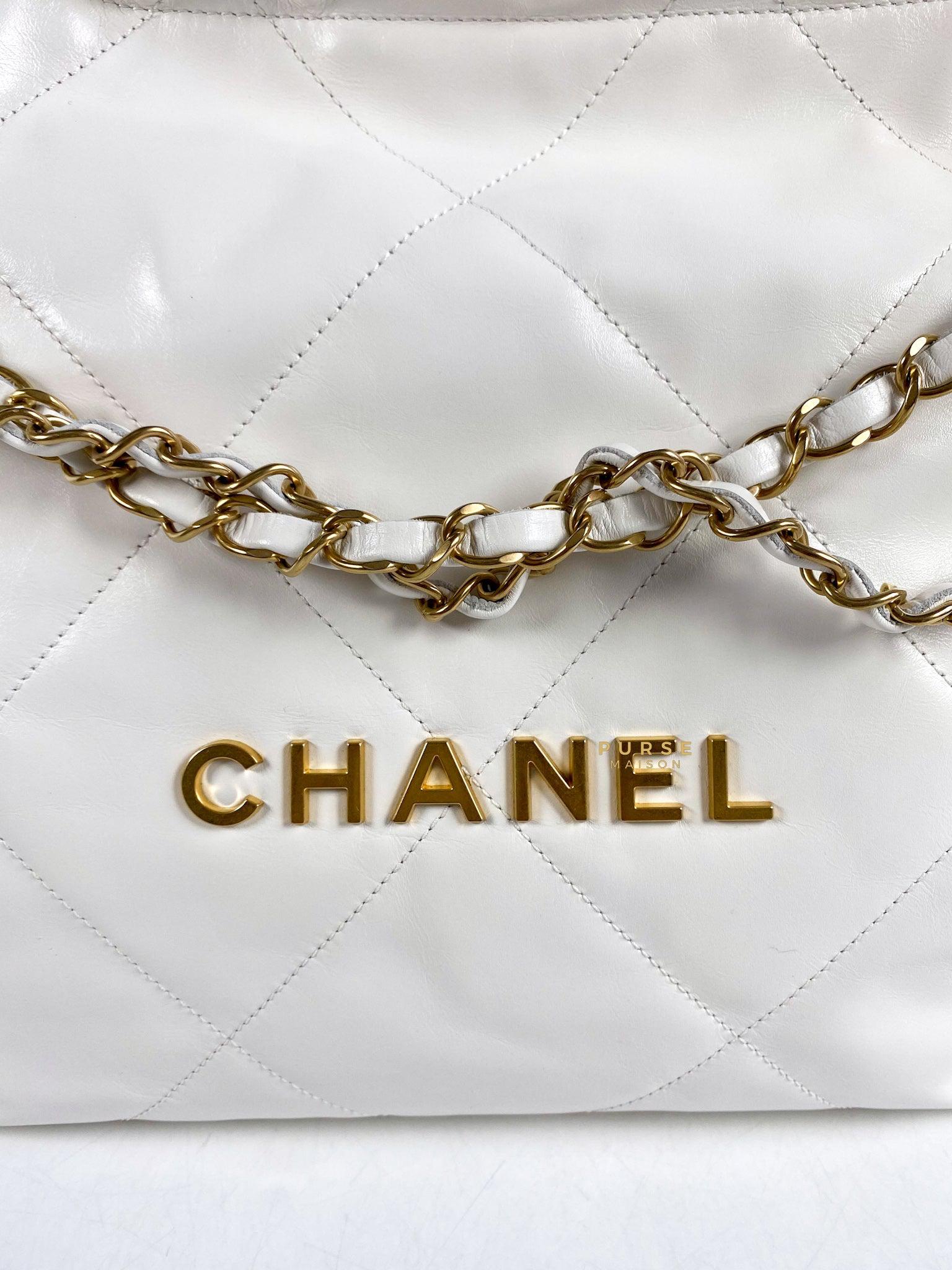 Chanel 22 Small White Calfskin and Aged Gold Hardware (Microchip) | Purse Maison Luxury Bags Shop
