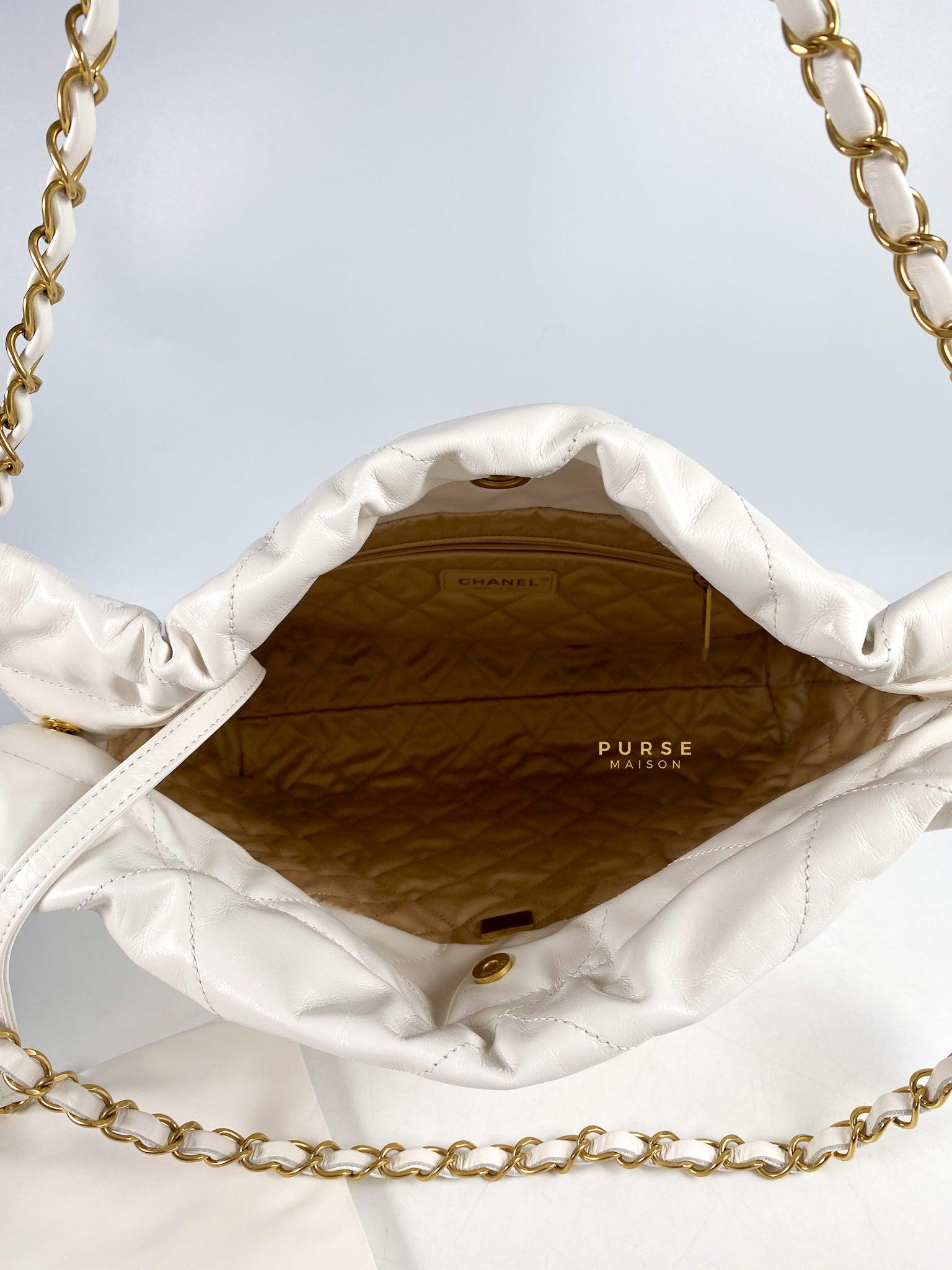 Chanel 22 Small White Calfskin and Aged Gold Hardware (Microchip) | Purse Maison Luxury Bags Shop