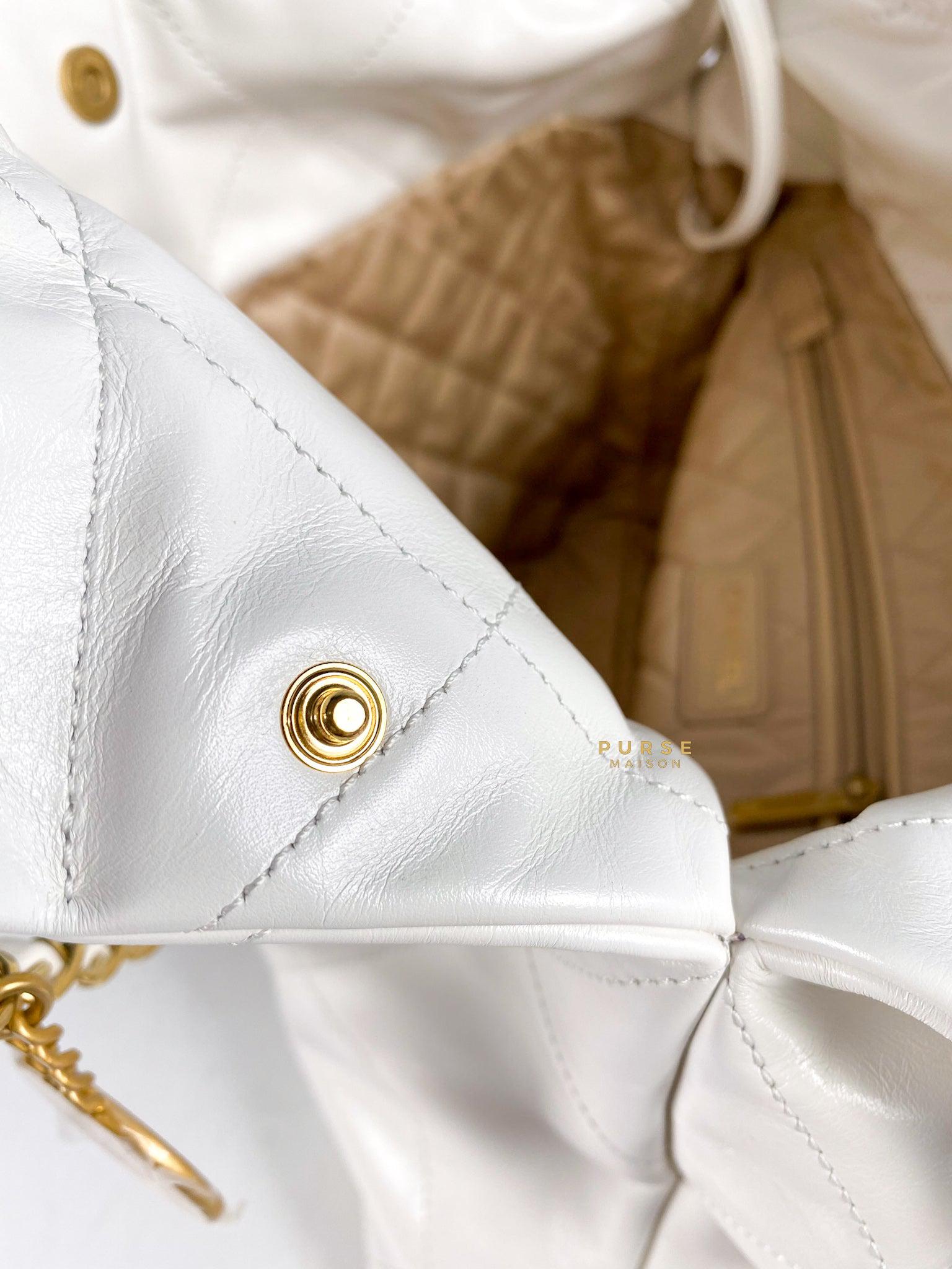 Chanel 22 Small White Calfskin and Aged Gold Hardware (Microchip) | Purse Maison Luxury Bags Shop