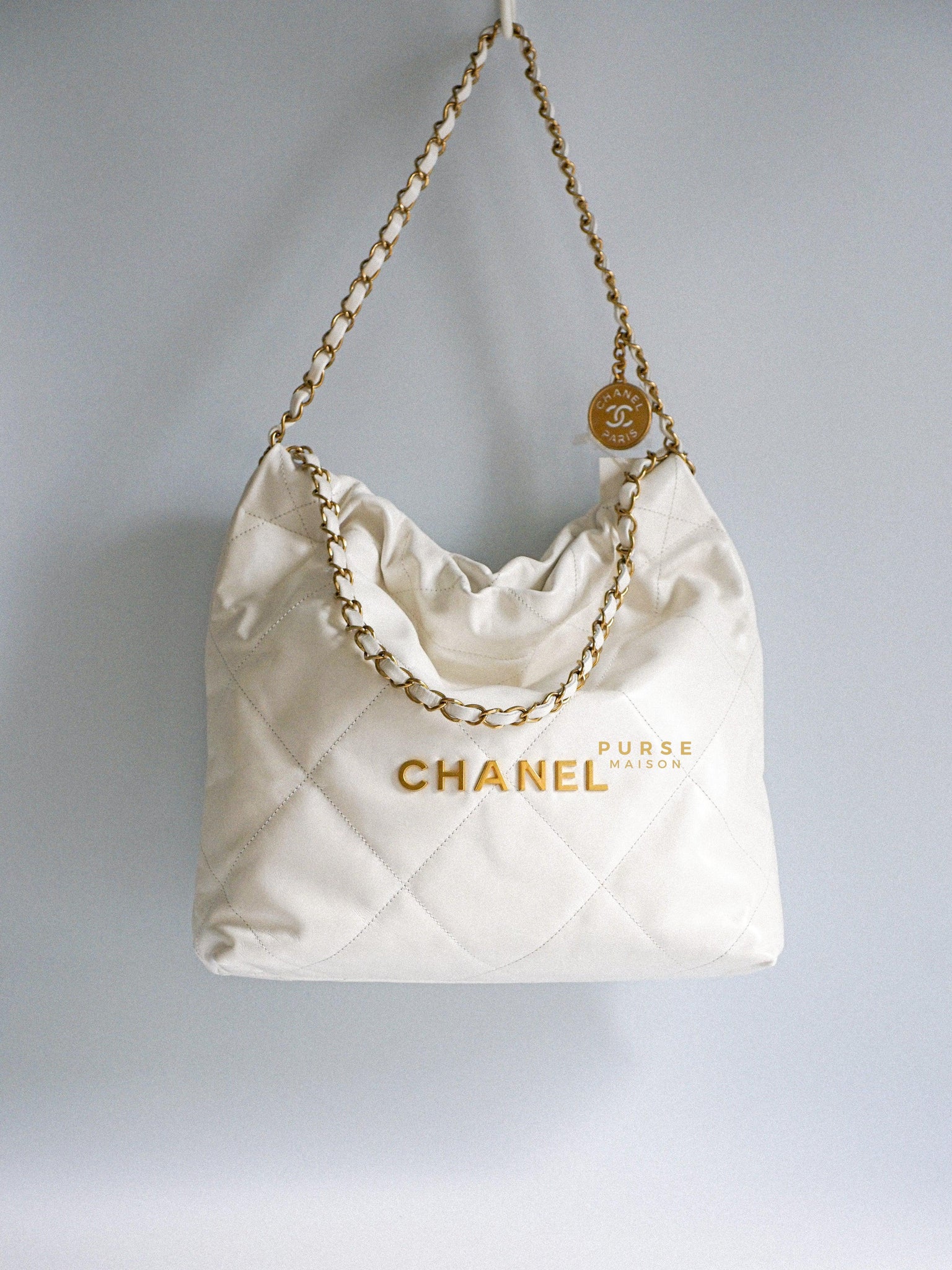 Chanel 22 Small White Calfskin and Aged Gold Hardware (Microchip) | Purse Maison Luxury Bags Shop