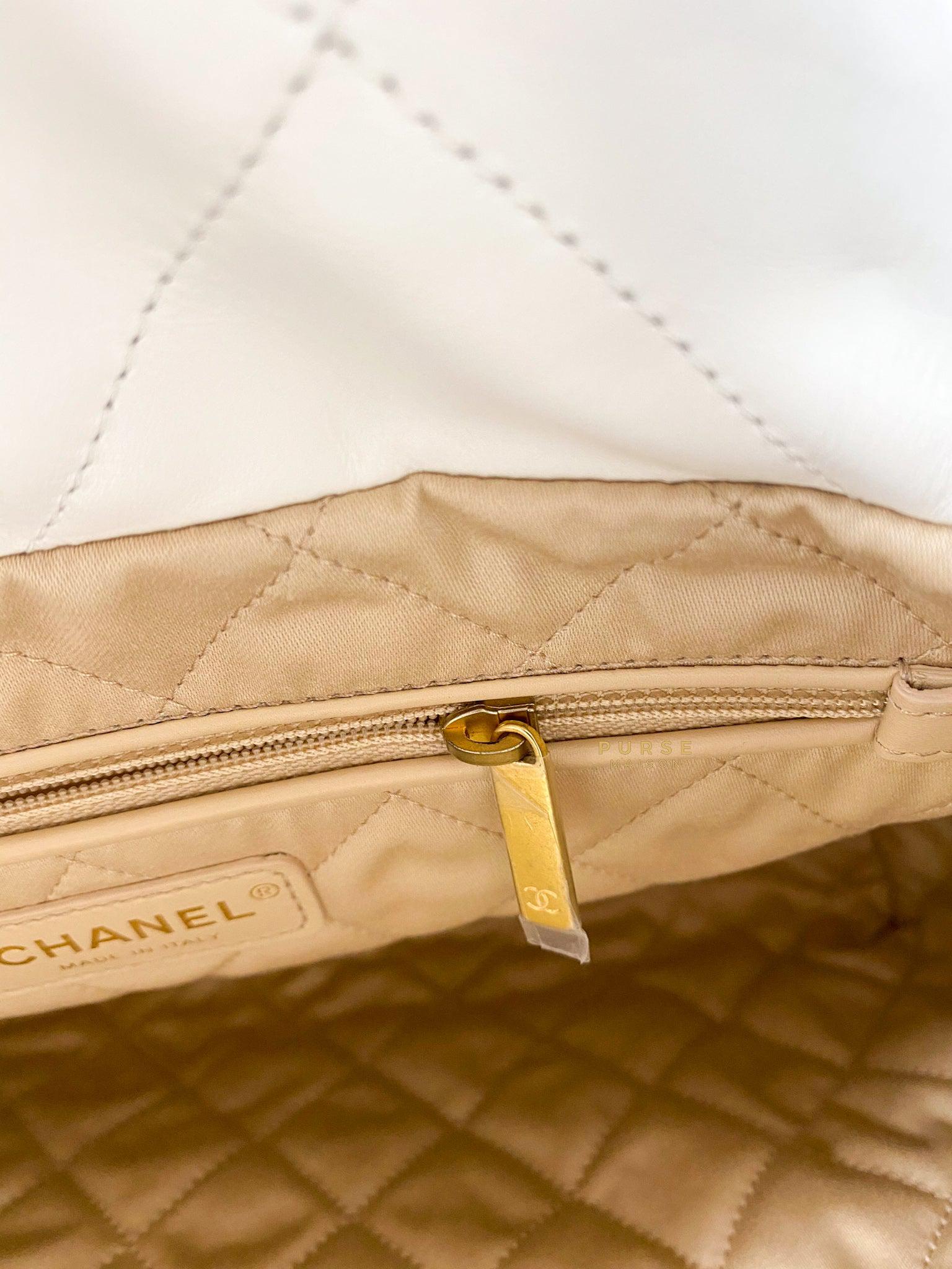 Chanel 22 Small White Calfskin and Aged Gold Hardware (Microchip) | Purse Maison Luxury Bags Shop