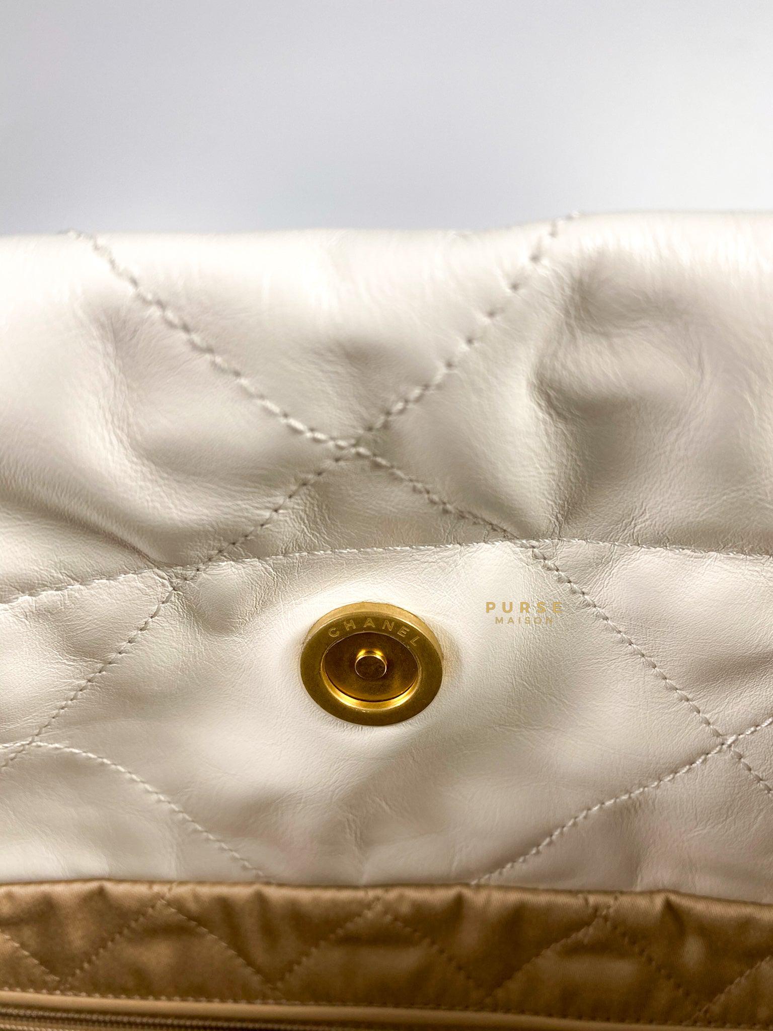 Chanel 22 Small White Calfskin and Aged Gold Hardware (Microchip) | Purse Maison Luxury Bags Shop