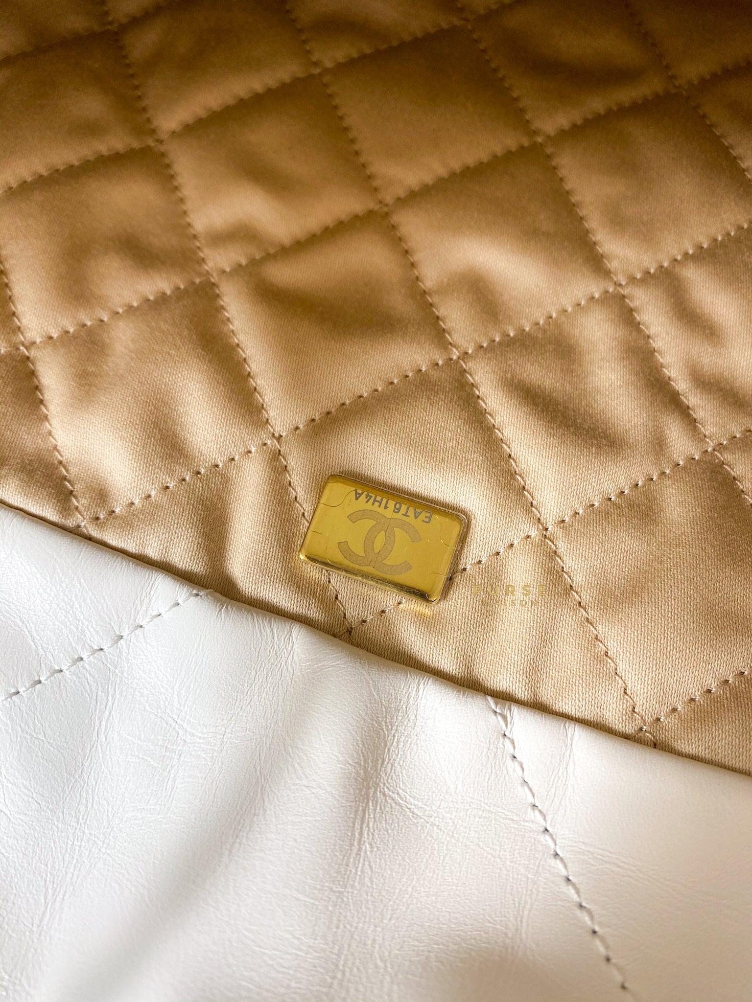 Chanel 22 Small White Calfskin and Aged Gold Hardware (Microchip) | Purse Maison Luxury Bags Shop