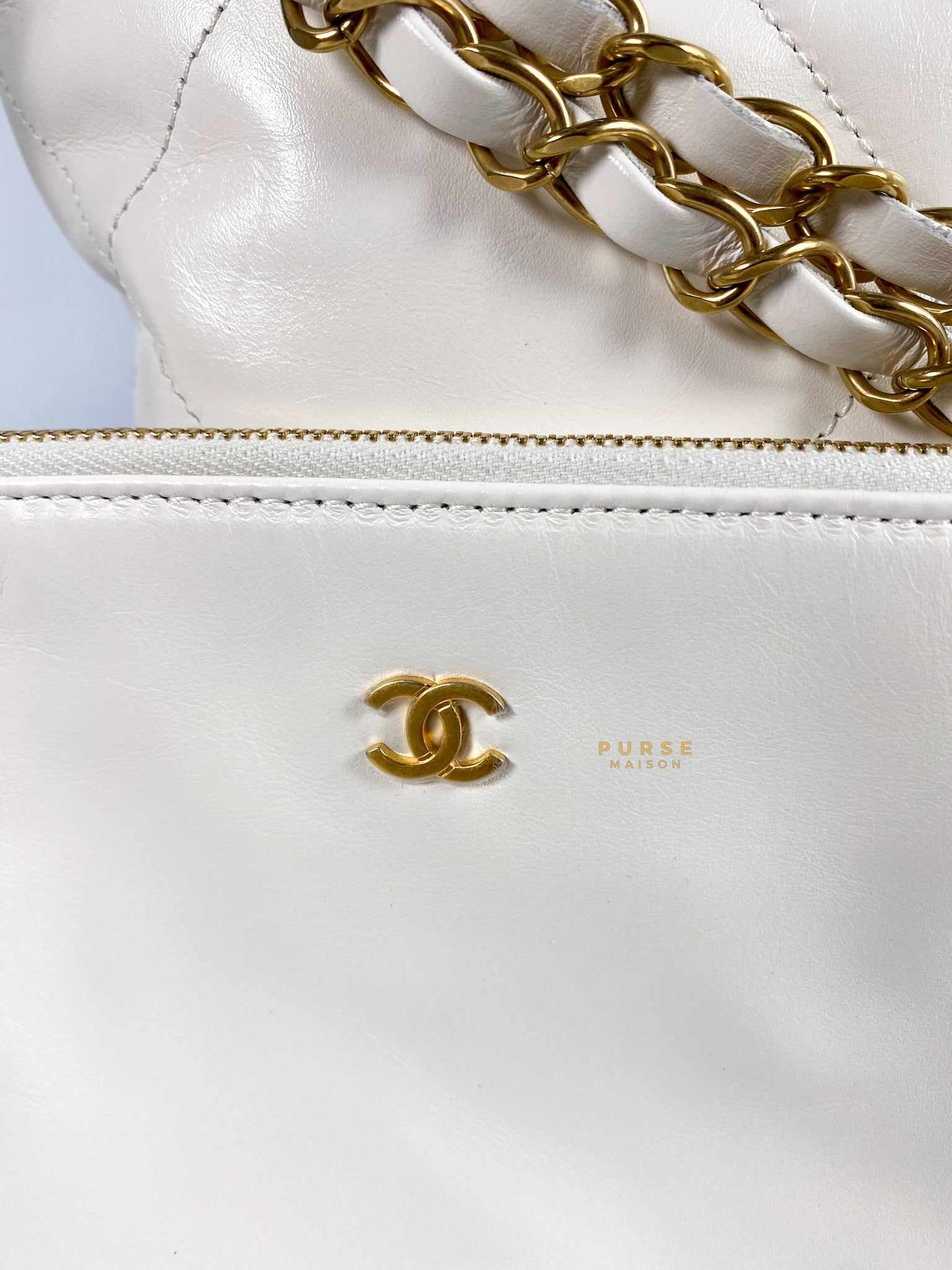 Chanel 22 Small White Calfskin and Aged Gold Hardware (Microchip) | Purse Maison Luxury Bags Shop