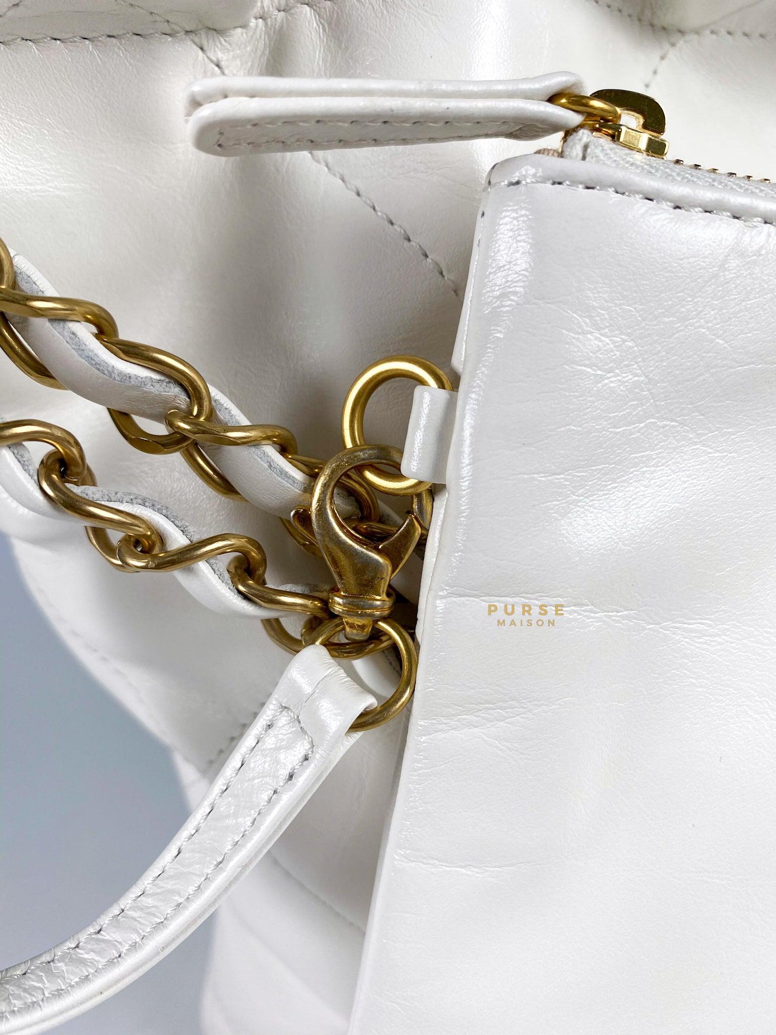 Chanel 22 Small White Calfskin and Aged Gold Hardware (Microchip) | Purse Maison Luxury Bags Shop