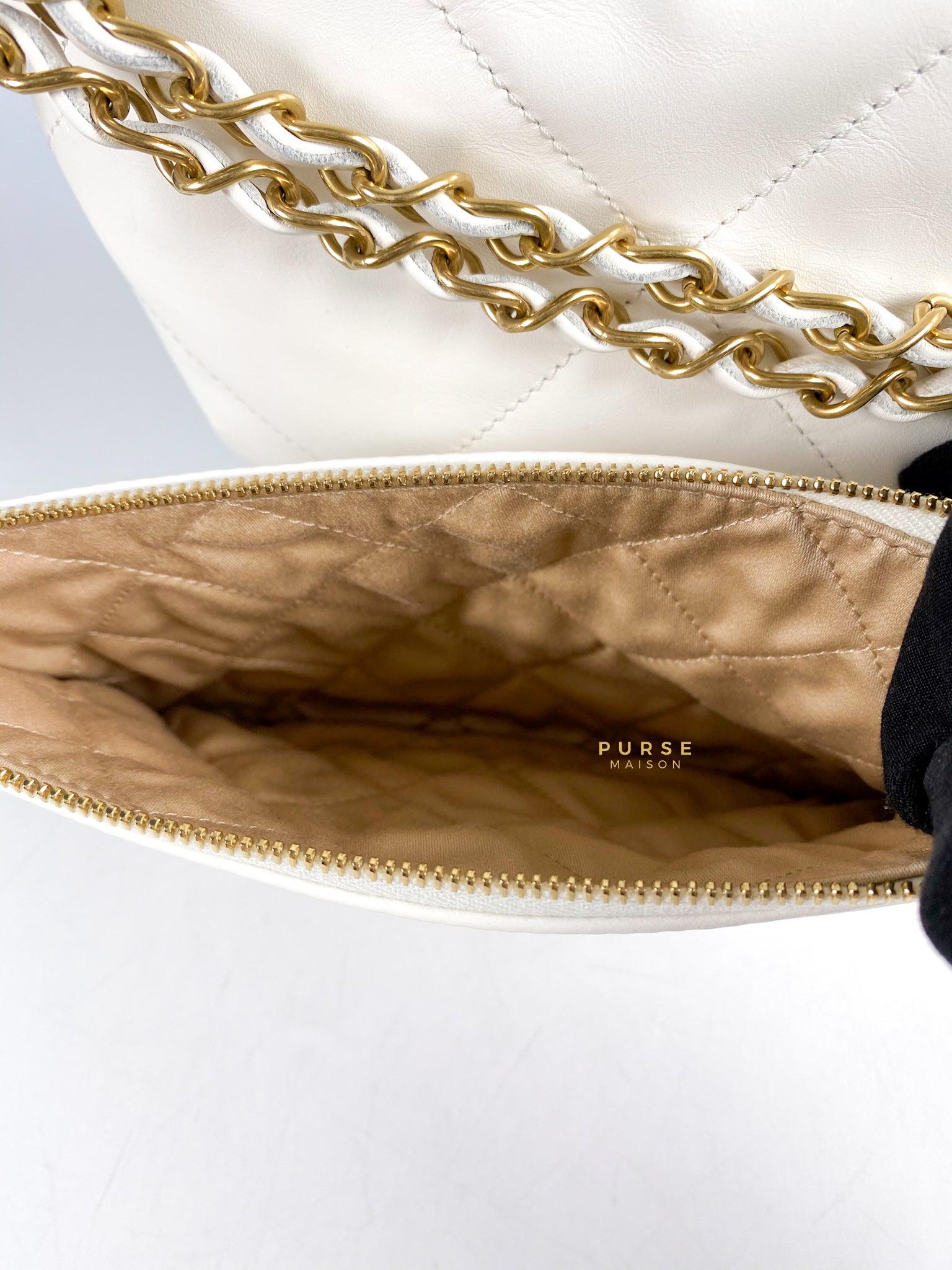 Chanel 22 Small White Calfskin and Aged Gold Hardware (Microchip) | Purse Maison Luxury Bags Shop