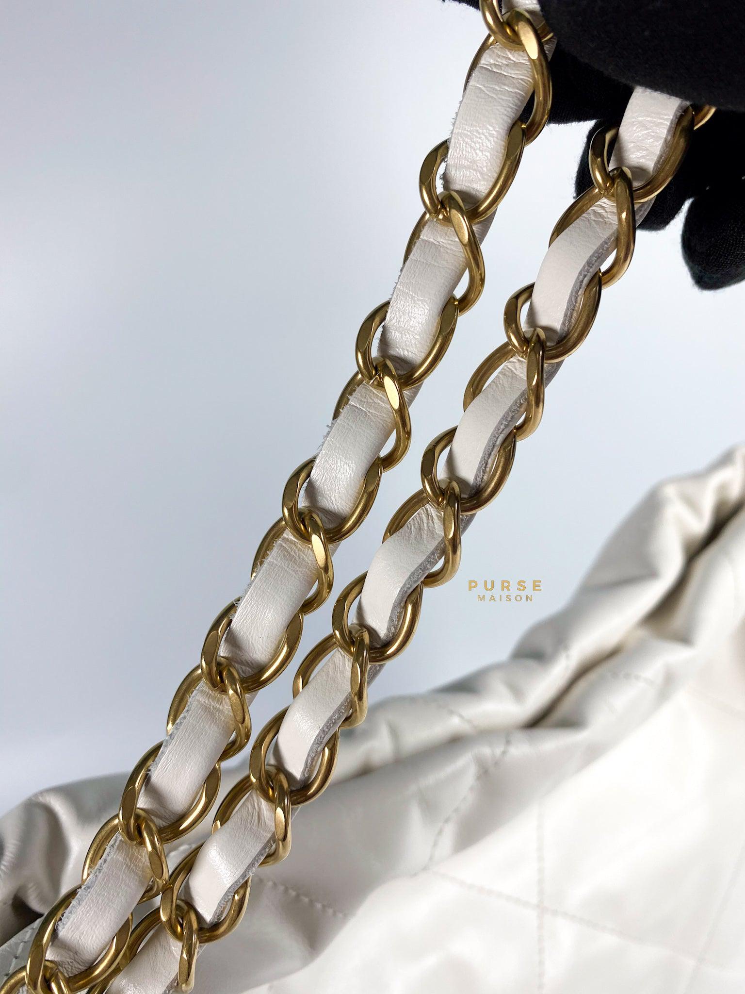 Chanel 22 Small White Calfskin and Aged Gold Hardware (Microchip) | Purse Maison Luxury Bags Shop