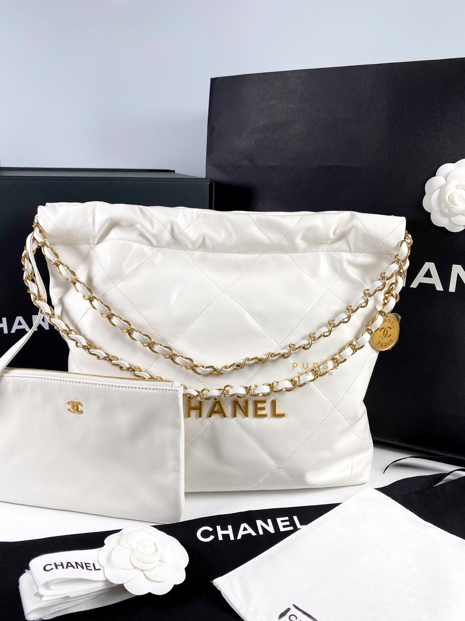 Chanel 22 Small White Calfskin and Aged Gold Hardware (Microchip) | Purse Maison Luxury Bags Shop