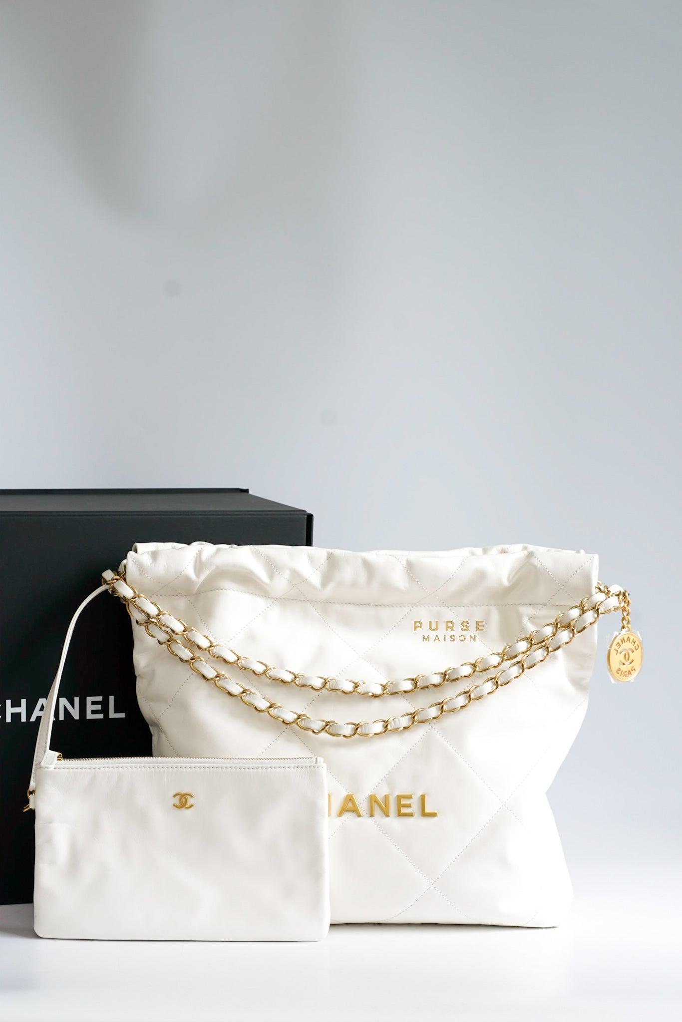 Chanel 22 Small White Calfskin and Aged Gold Hardware (Microchip) | Purse Maison Luxury Bags Shop