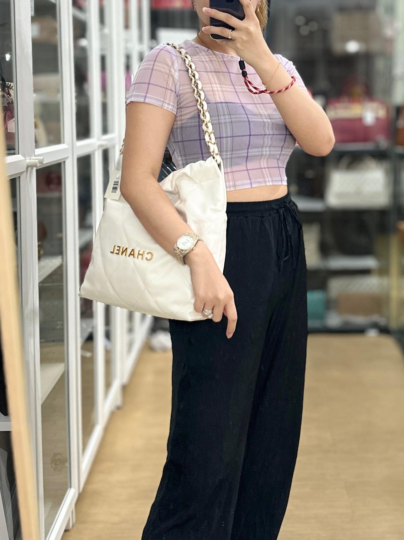 Chanel 22 Small White Calfskin and Aged Gold Hardware (Microchip) | Purse Maison Luxury Bags Shop