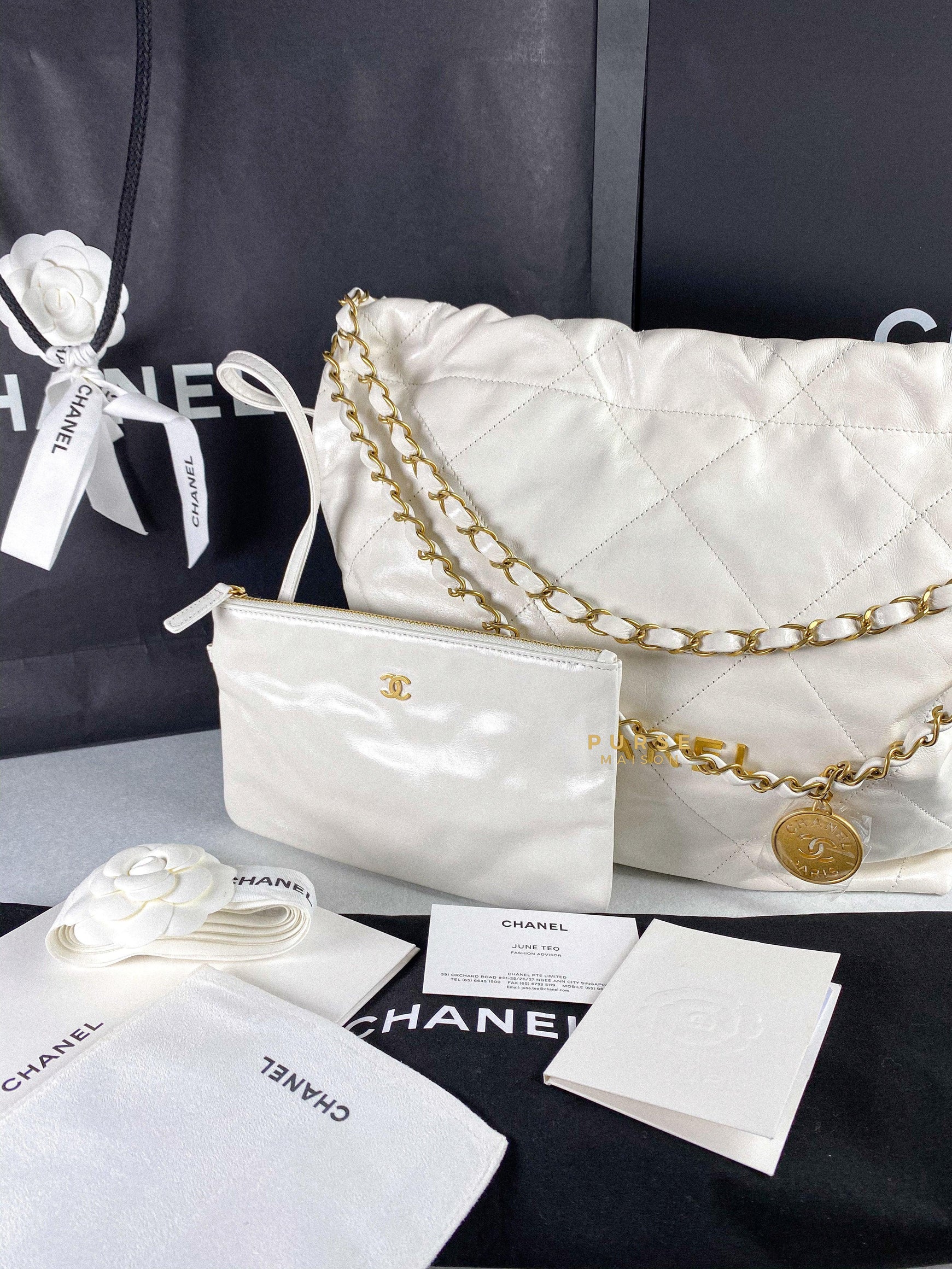 Chanel 22 Small White Calfskin and Aged Gold Hardware (Microchip) | Purse Maison Luxury Bags Shop