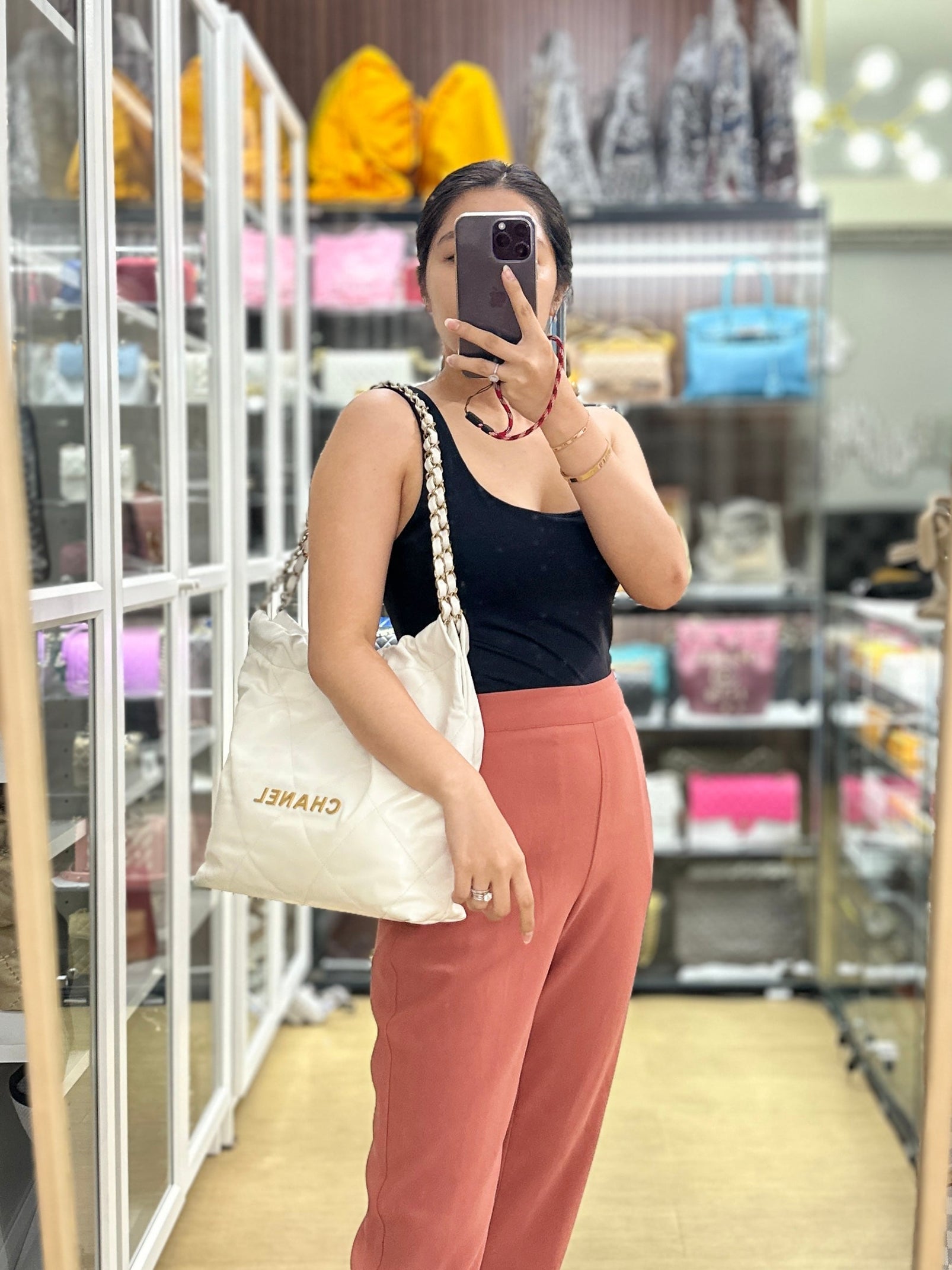Chanel 22 Small White Calfskin and Aged Gold Hardware (Microchip) | Purse Maison Luxury Bags Shop