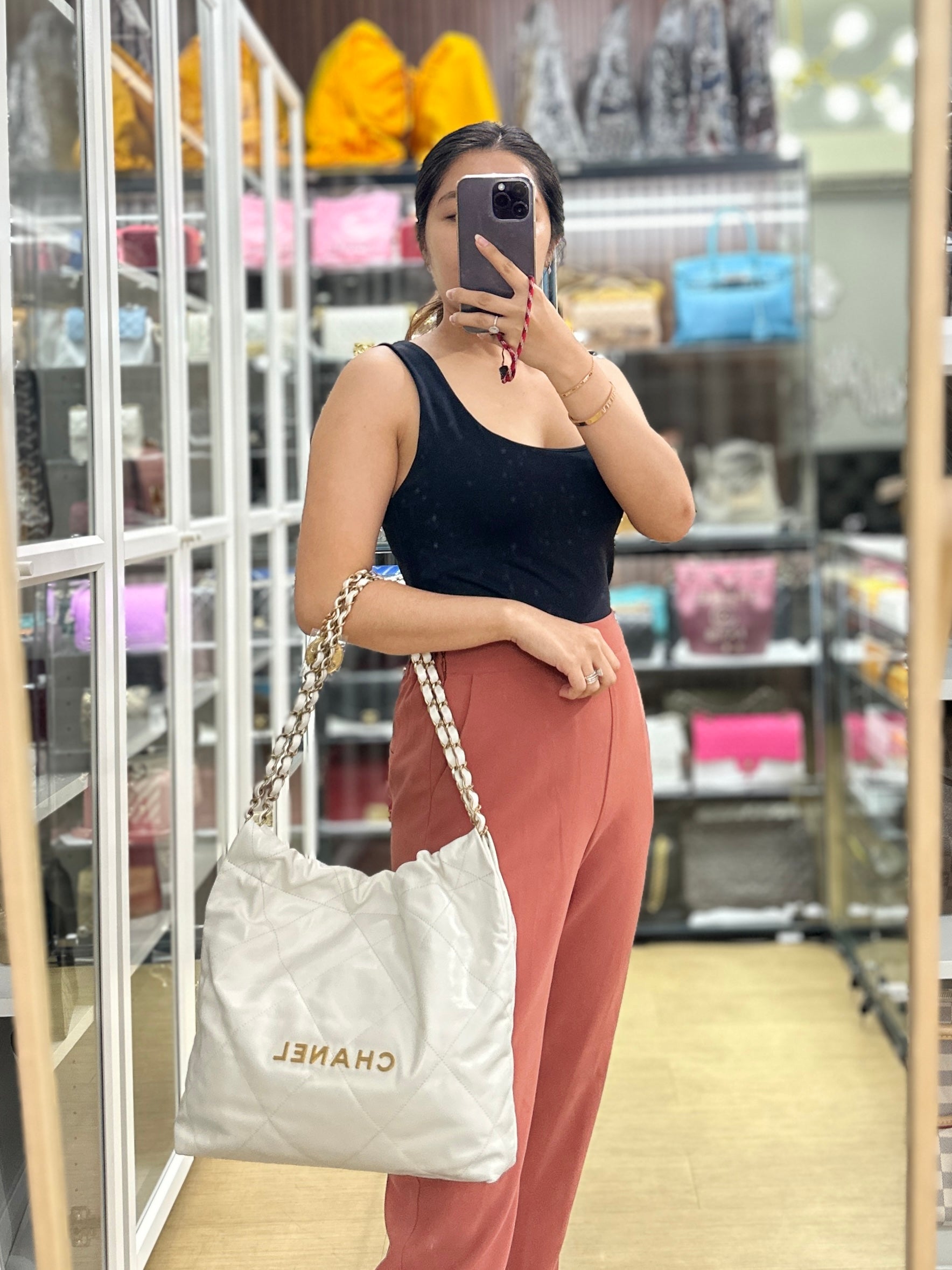 Chanel 22 Small White Calfskin and Aged Gold Hardware (Microchip) | Purse Maison Luxury Bags Shop