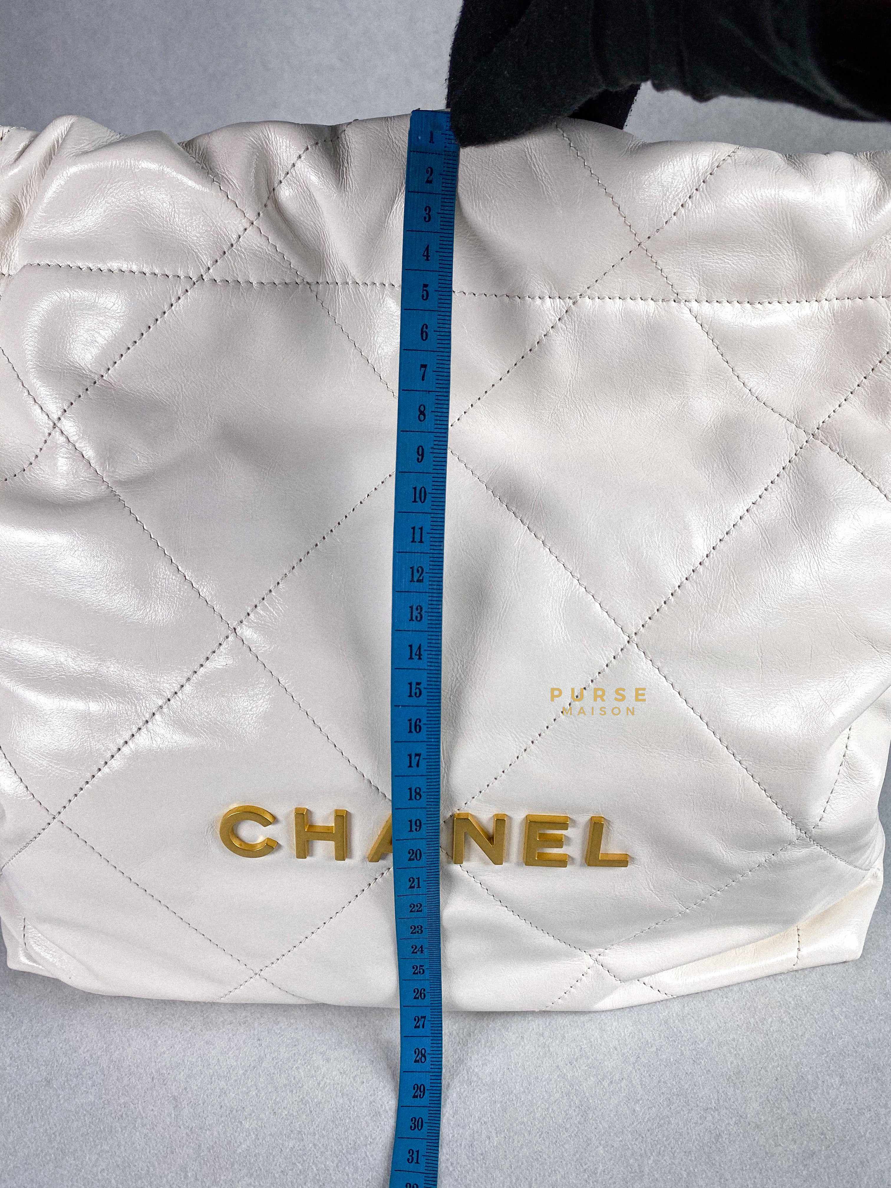 Chanel 22 Small White Calfskin and Aged Gold Hardware (Microchip) | Purse Maison Luxury Bags Shop