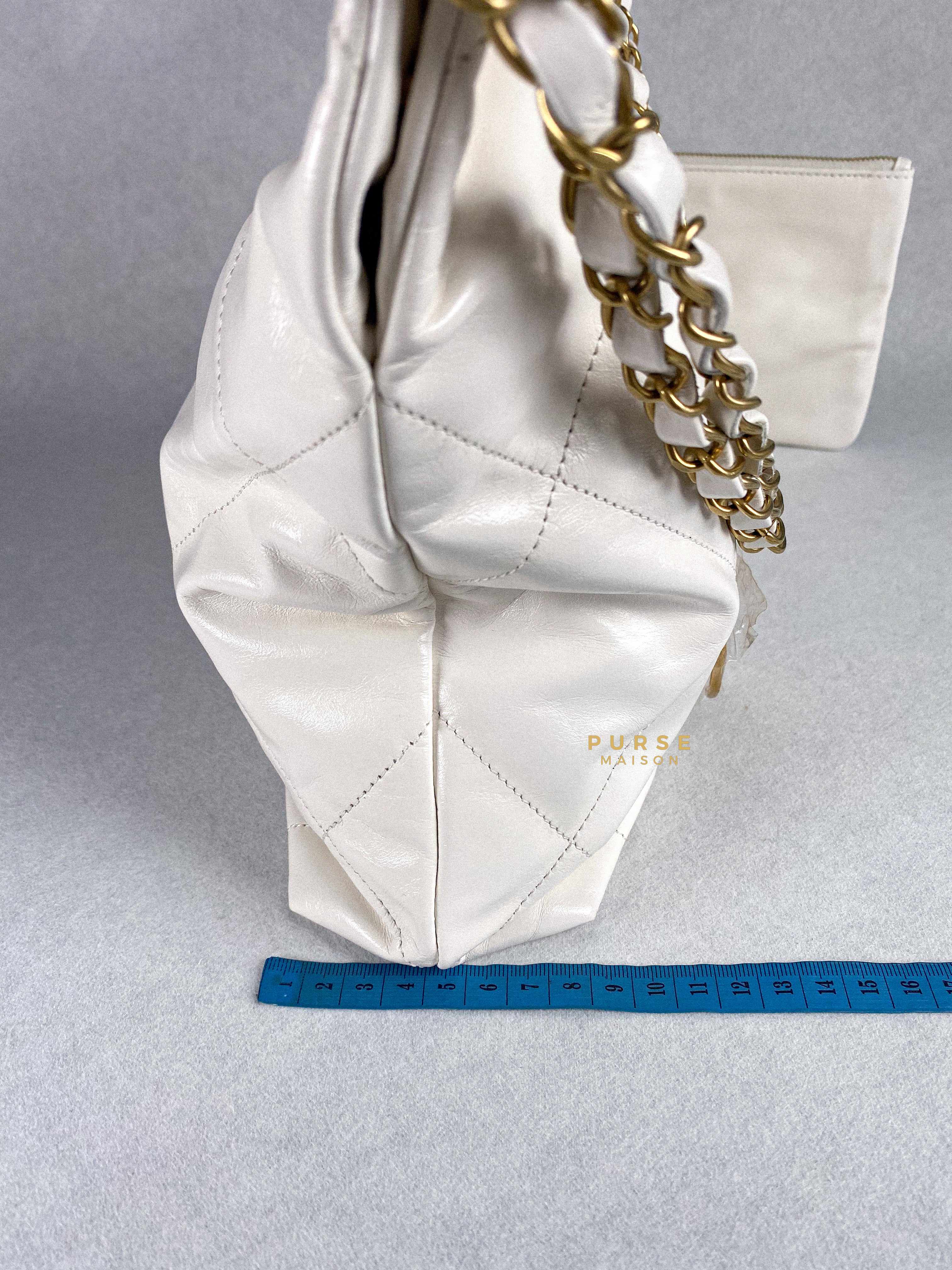 Chanel 22 Small White Calfskin and Aged Gold Hardware (Microchip) | Purse Maison Luxury Bags Shop