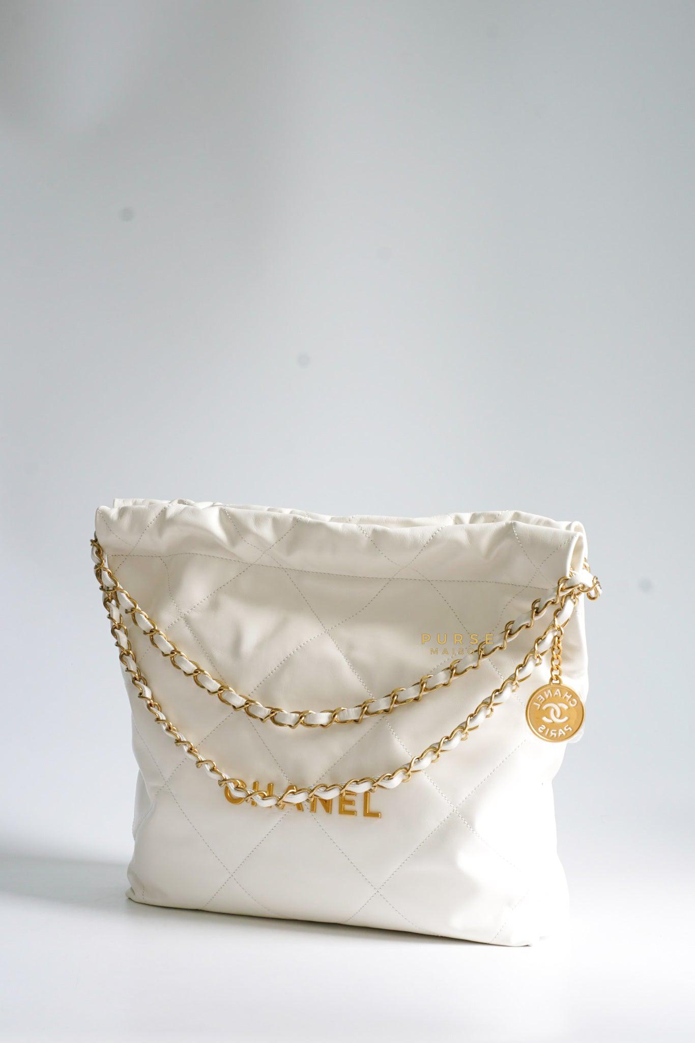 Chanel 22 Small White Calfskin and Aged Gold Hardware (Microchip) | Purse Maison Luxury Bags Shop