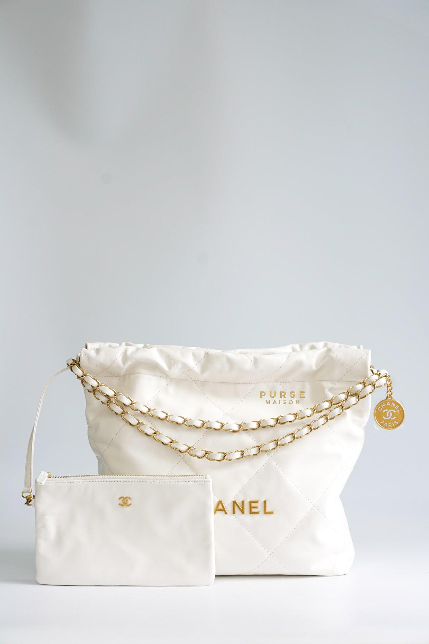 Chanel 22 Small White Calfskin and Aged Gold Hardware (Microchip) | Purse Maison Luxury Bags Shop