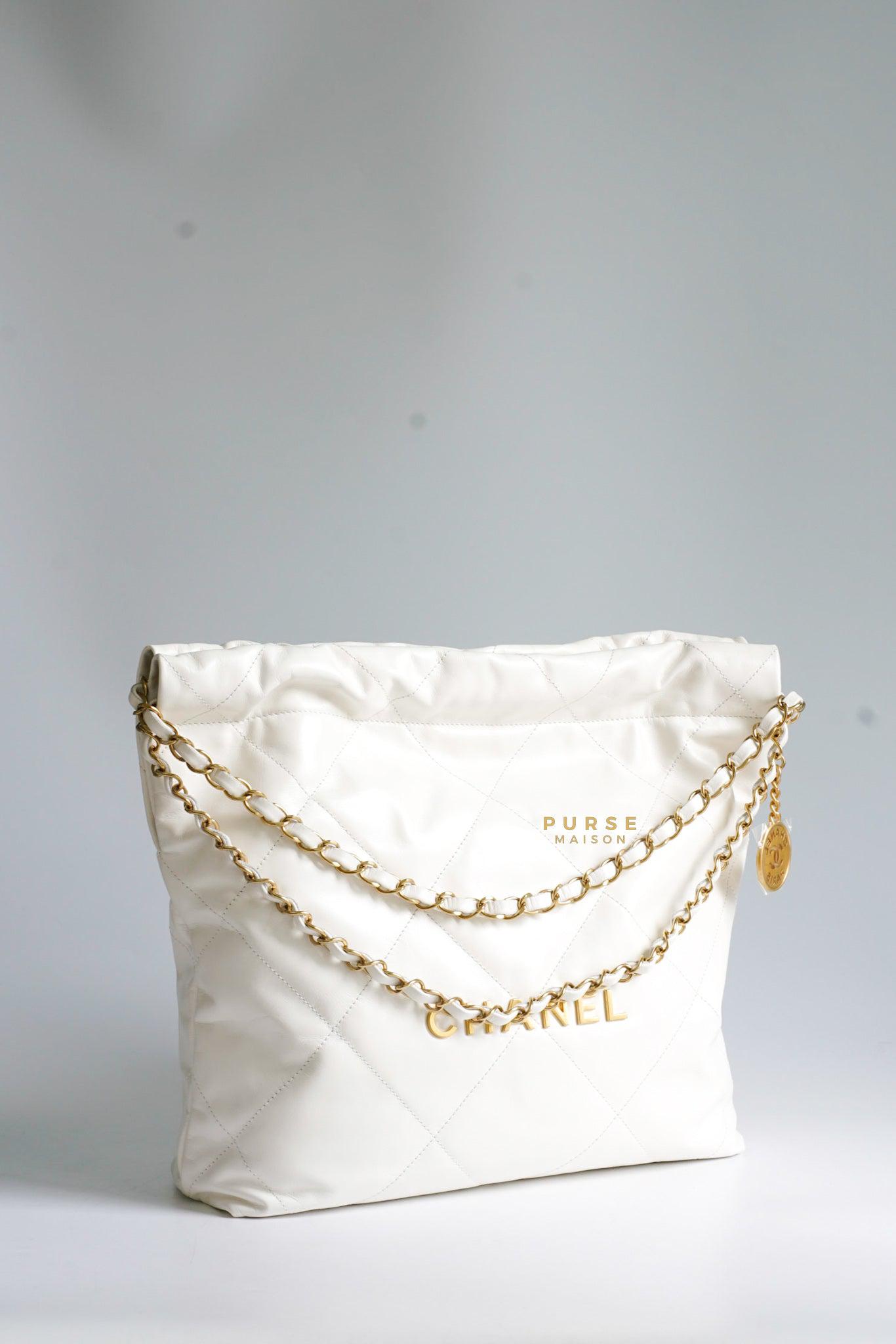 Chanel 22 Small White Calfskin and Aged Gold Hardware (Microchip) | Purse Maison Luxury Bags Shop