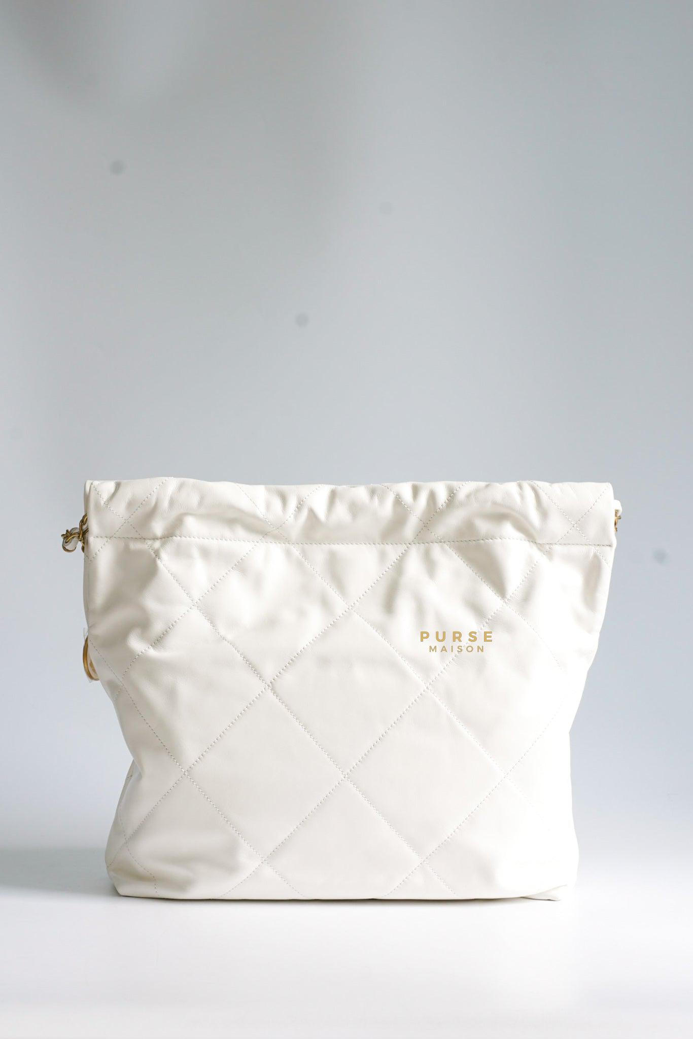 Chanel 22 Small White Calfskin and Aged Gold Hardware (Microchip) | Purse Maison Luxury Bags Shop