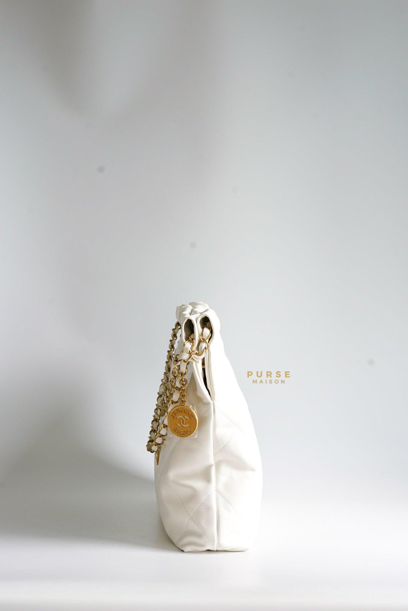 Chanel 22 Small White Calfskin and Aged Gold Hardware (Microchip) | Purse Maison Luxury Bags Shop