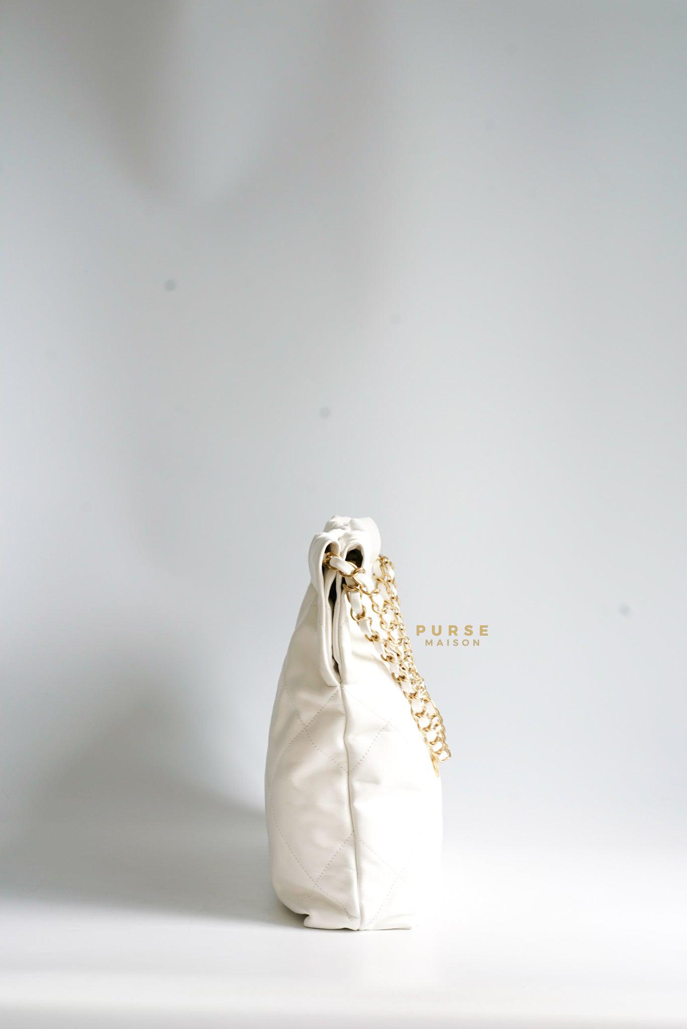Chanel 22 Small White Calfskin and Aged Gold Hardware (Microchip) | Purse Maison Luxury Bags Shop